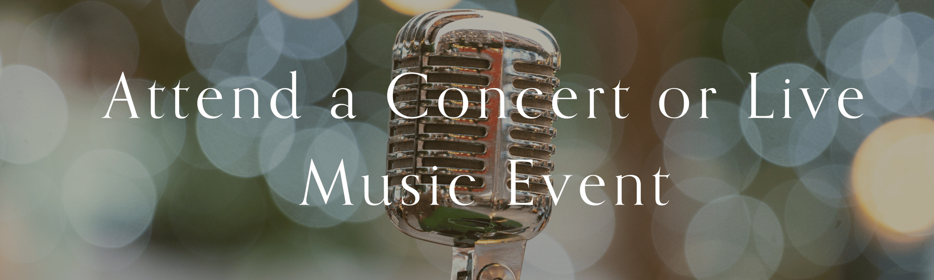 A vintage microphone in focus with a blurred, colorful bokeh background. Text encourages attending a concert or live music event.