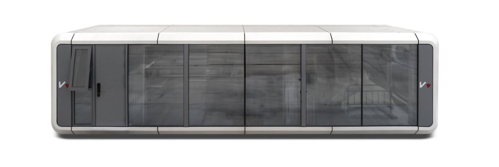 Tiny home pod with a rounded white shell and dark floor-to-ceiling glass panels.