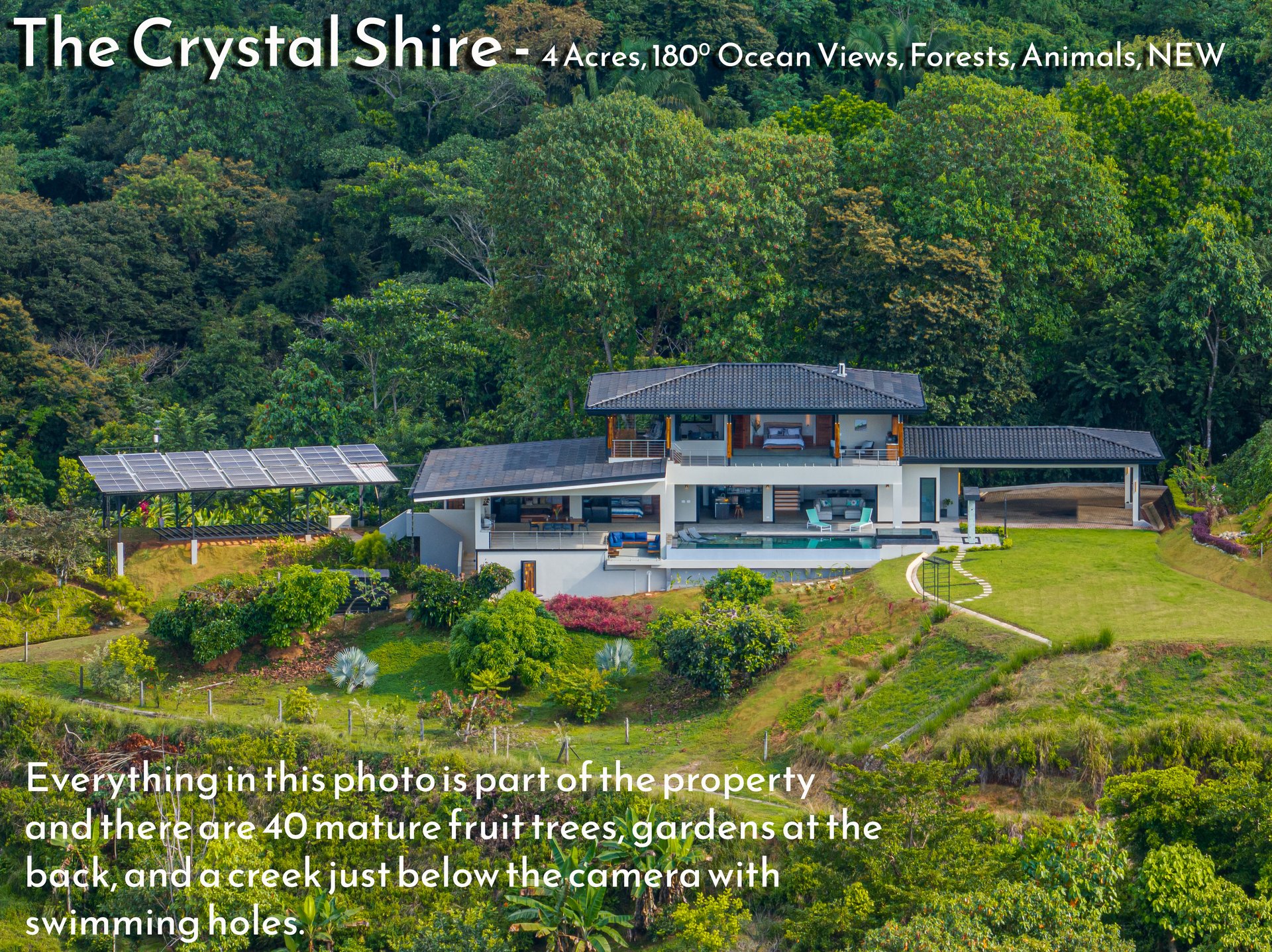 4 ACRES – 3 Bedroom Home “The Crystal Shire” With Wide Ocean View, Creek, Solar Power, Fine Craftsmanship, Self Sufficiency!!