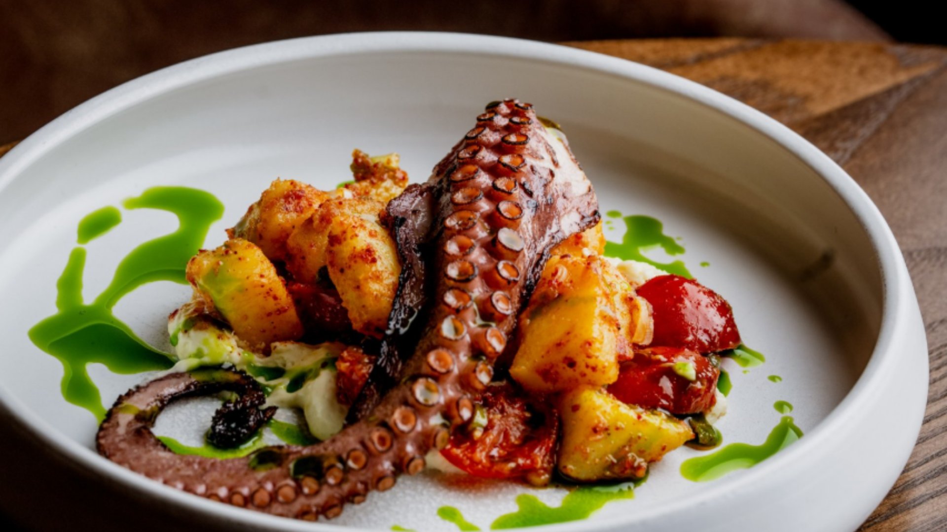 Grilled octopus tentacles with roasted vegetables and green herb oil drizzle on white ceramic plate
