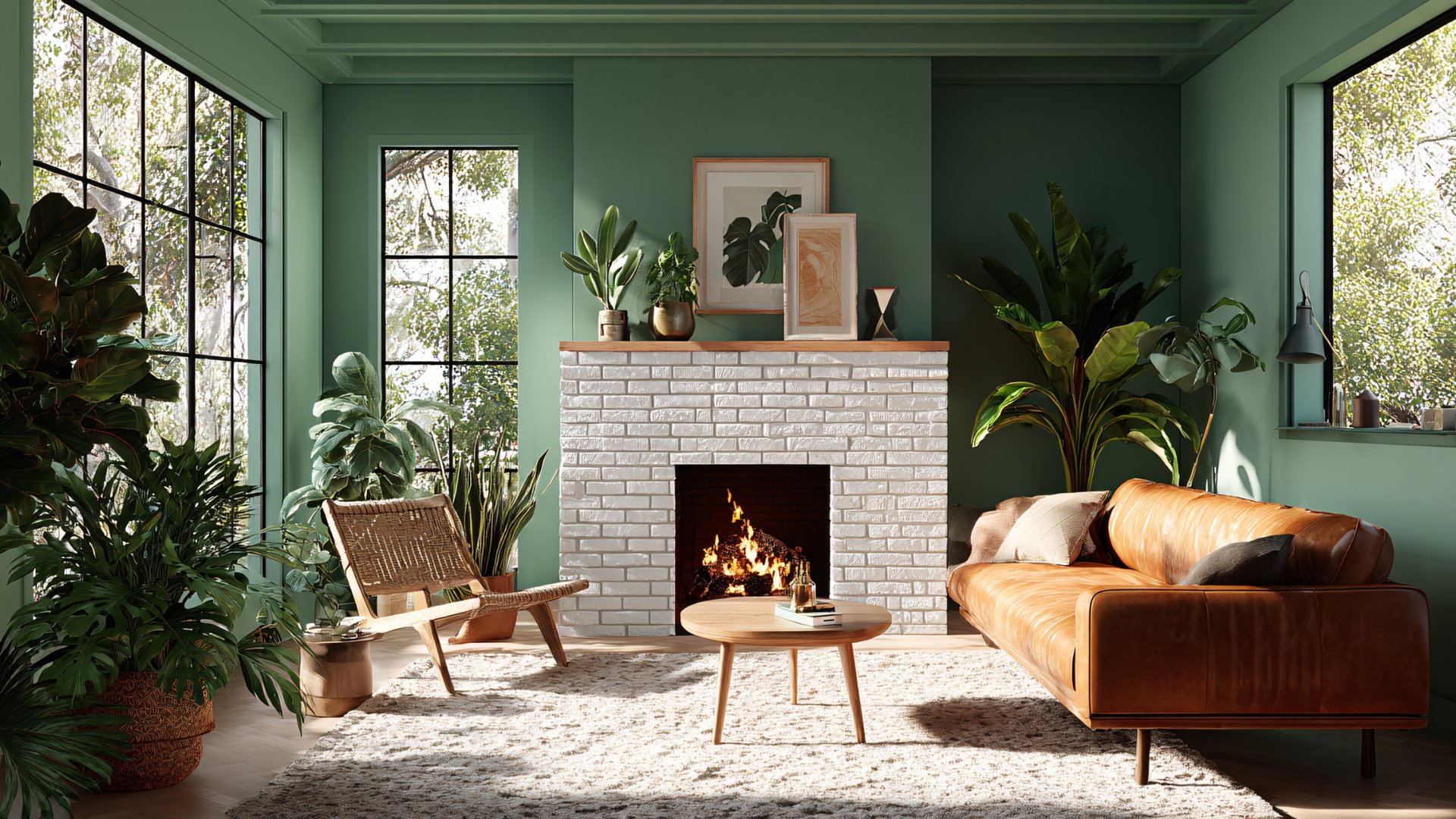 Sage green living room with white brick fireplace, tropical plants, and leather sofa - The Edit Real Estate Miami interior design