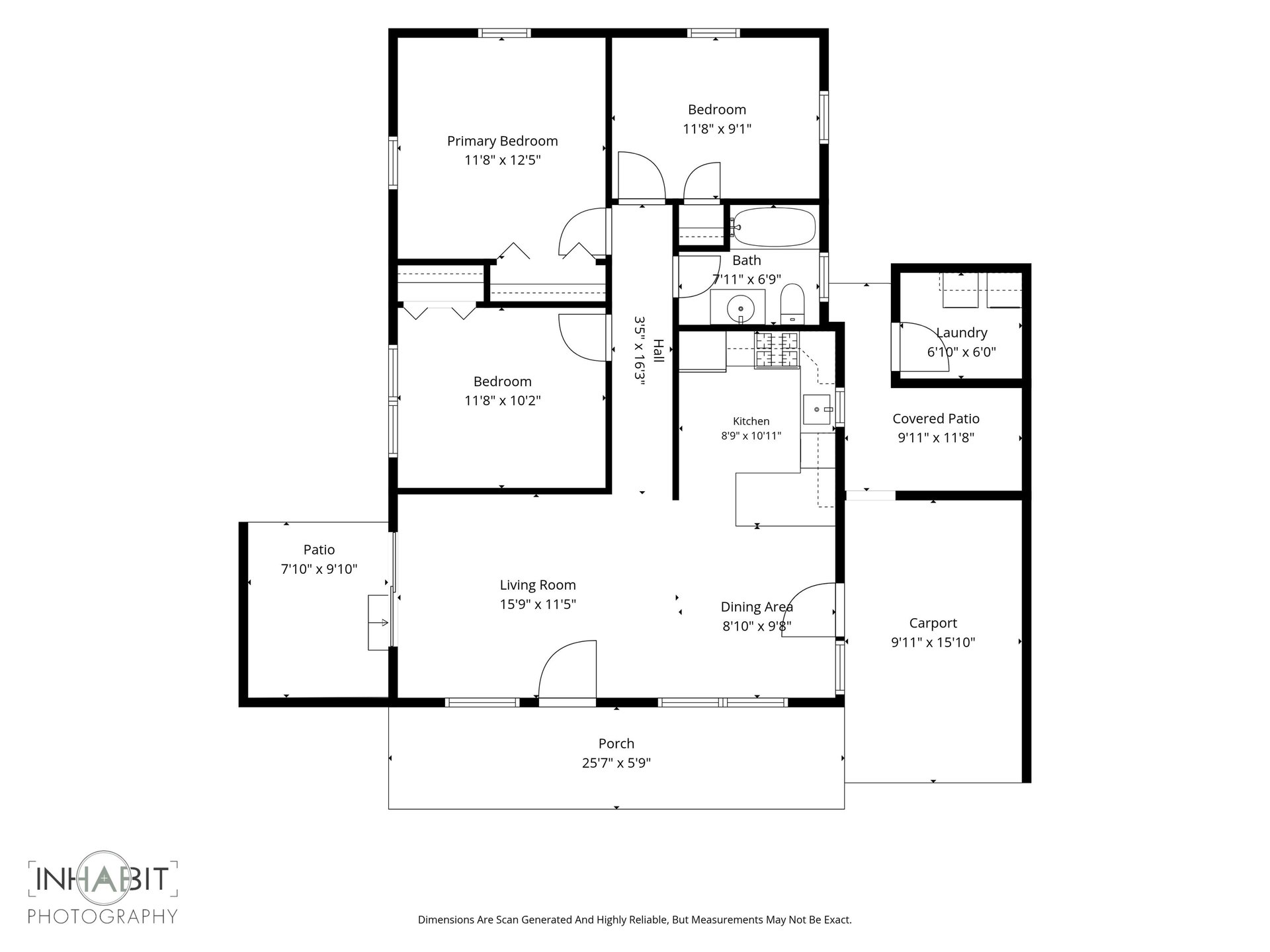 Floor plan showing three bedrooms, living and dining areas, kitchen, bath, laundry, patios, porch, and carport.