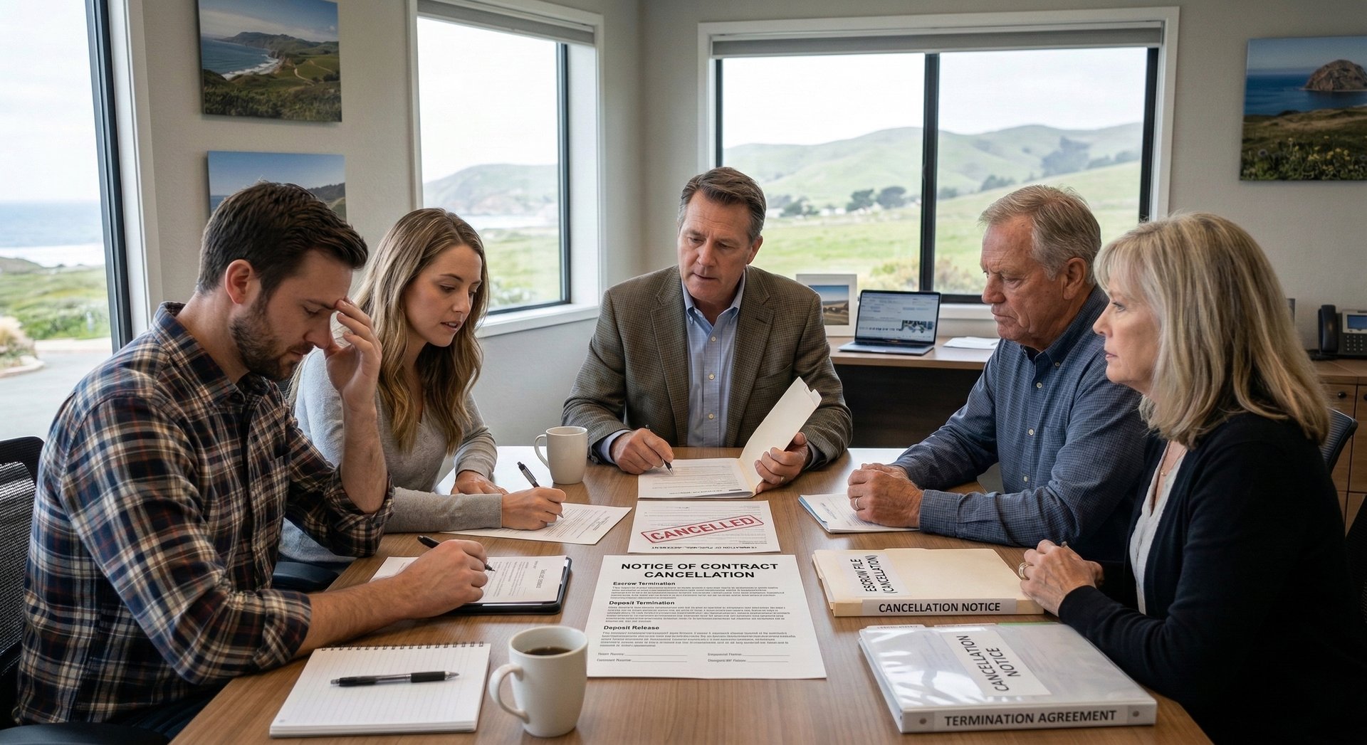 Home buyers reviewing purchase contract documents after a low appraisal on the Central Coast