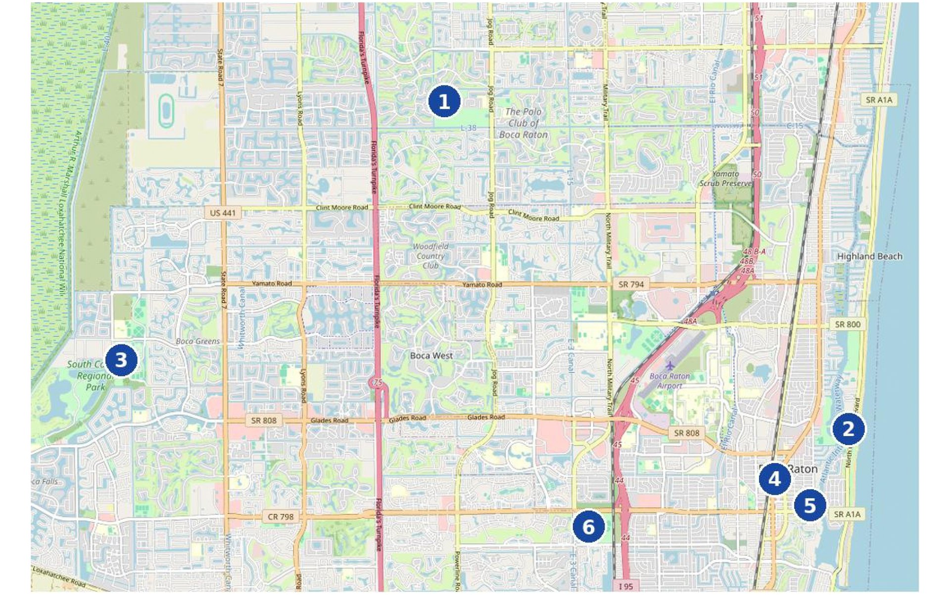 Map of Boca Raton and nearby areas with six numbered markers and major roads.