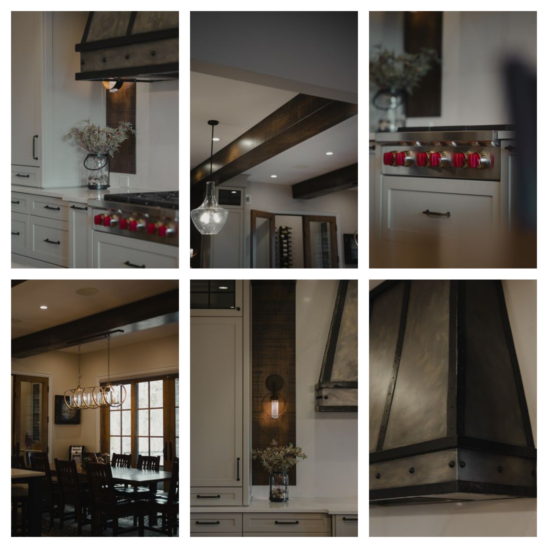 Custom kitchen with white cabinetry, red range knobs, a dark metal hood, and exposed wood ceiling beams.