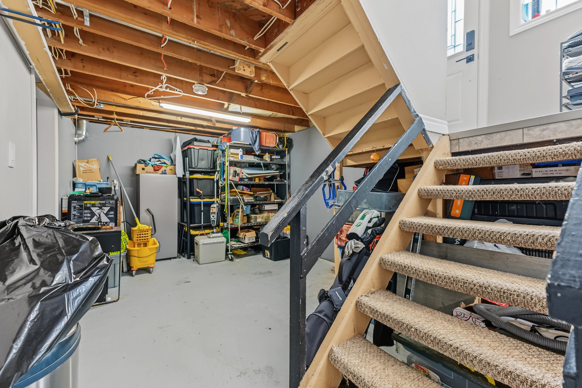 Basement storage area beneath carpeted stairs, with exposed ceiling joists and shelves of tools and household items.