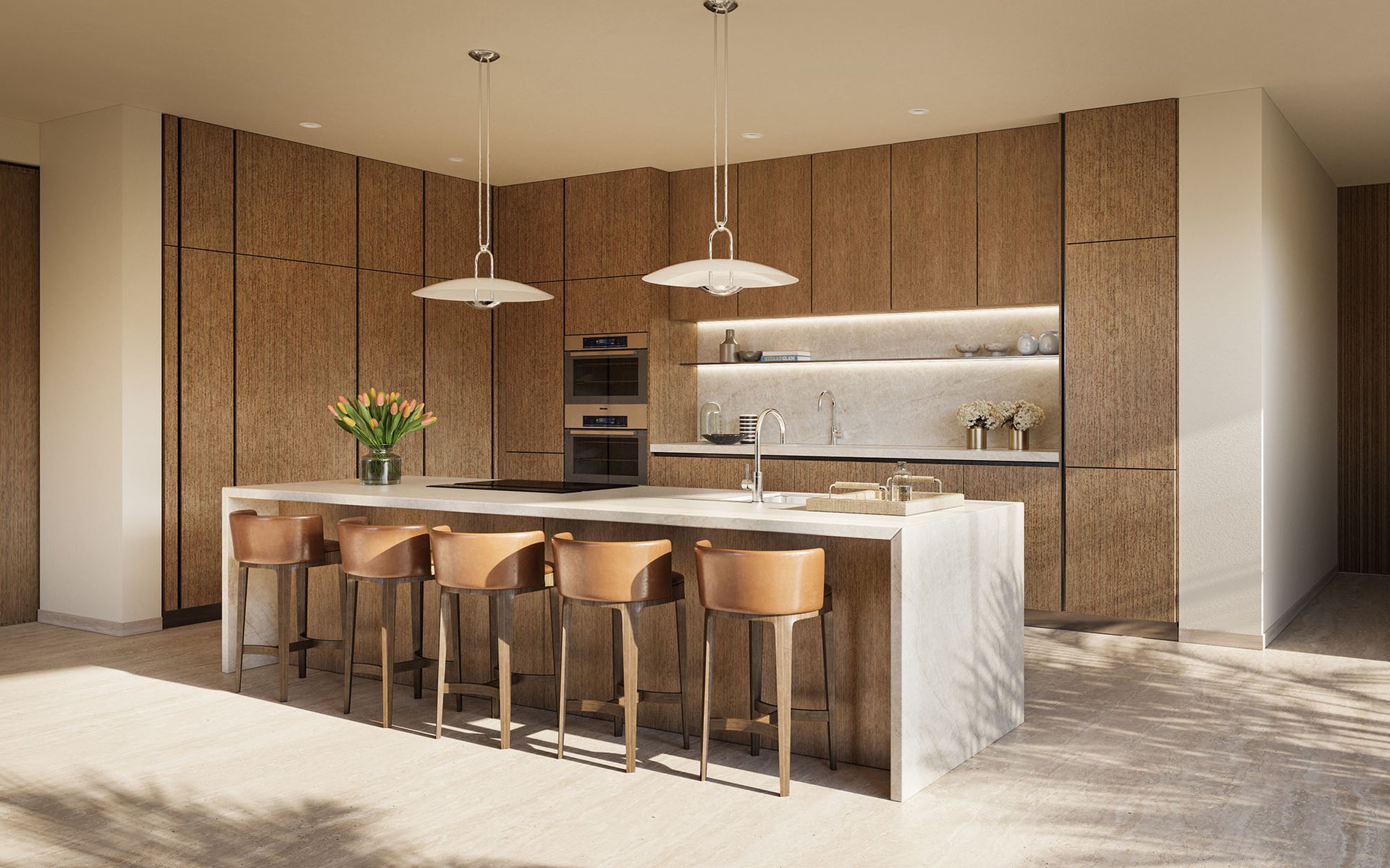 Modern kitchen with wood cabinetry, a white stone island, and leather bar stools.