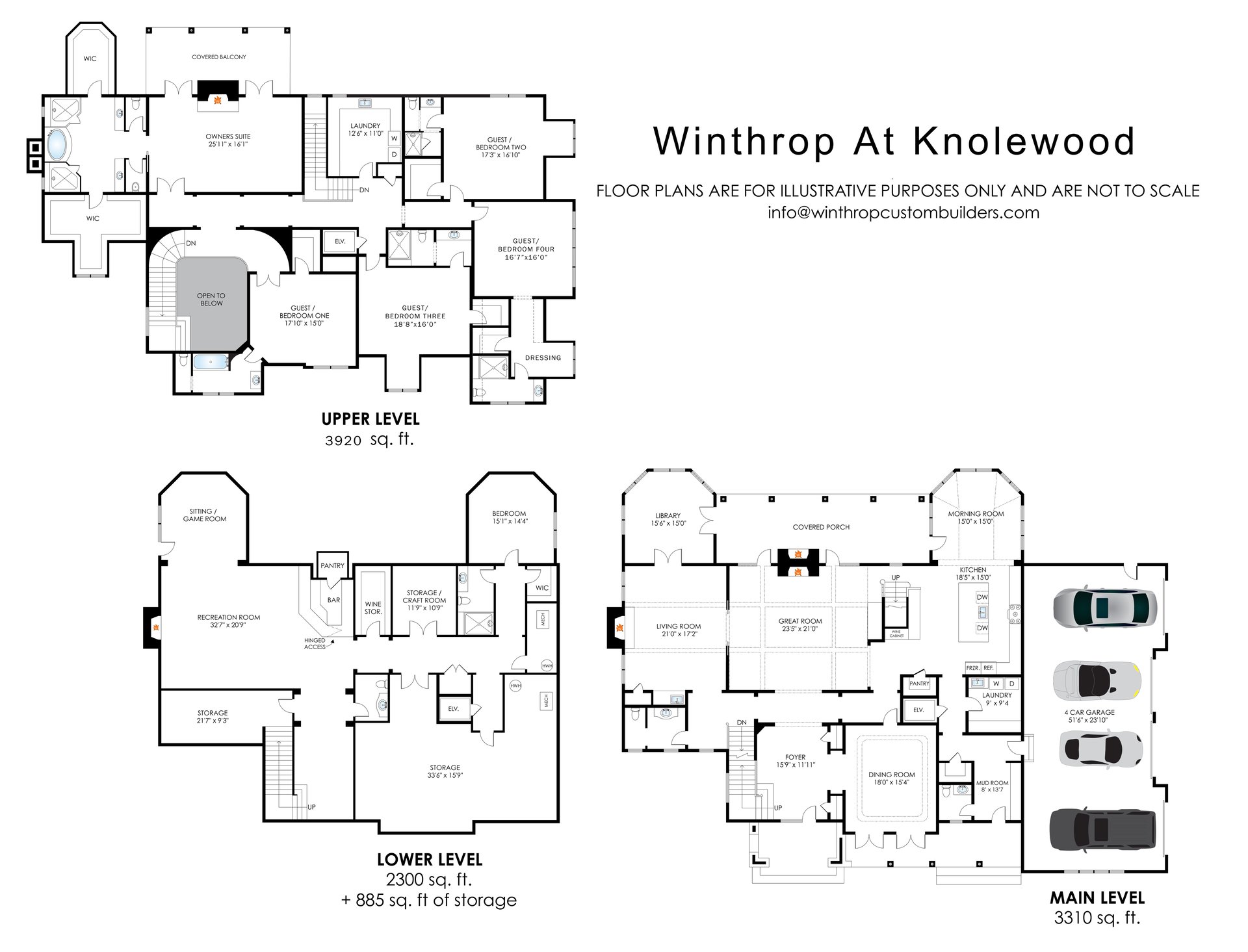 Winthrop At Knolewood floor plans for the upper, lower, and main levels, with room labels and square footage.