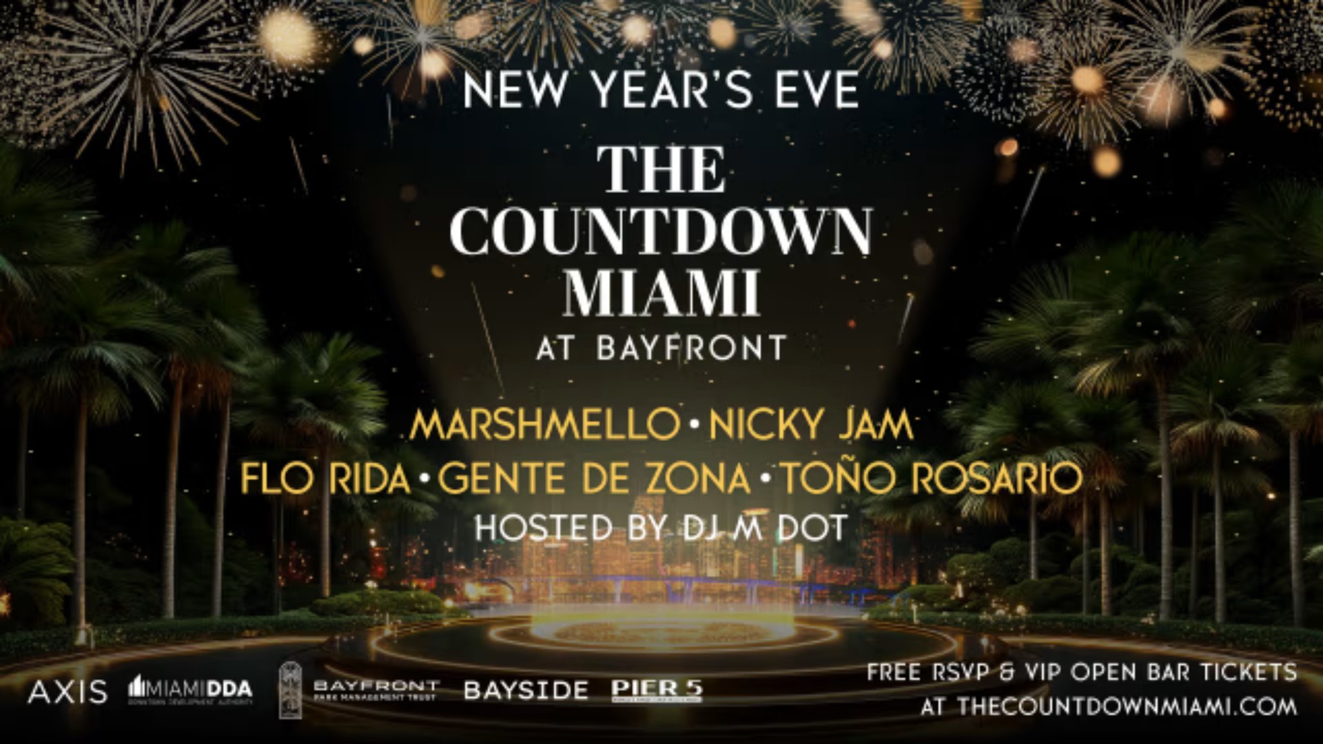 The Countdown Miami New Years Eve celebration at Bayfront Park featuring Marshmello and Nicky Jam with fireworks and palm trees by The Edit Real Estate