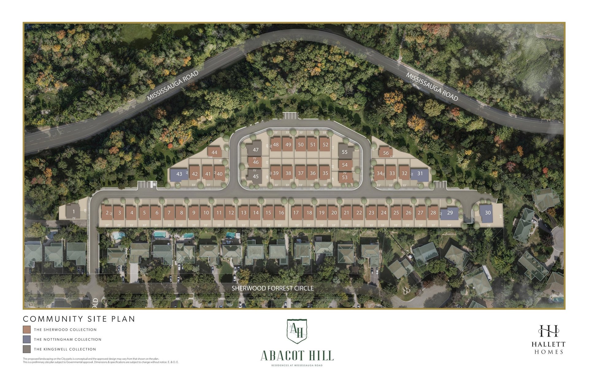 Aerial view of a community site plan featuring residential lots, roads, and surrounding greenery.