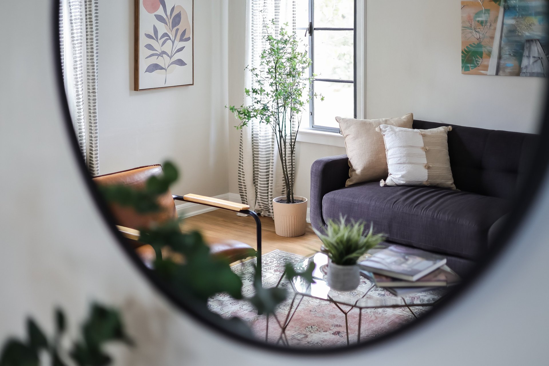 Living room with a dark sofa, wood-and-leather chair, and leafy plants, seen through a round mirror.