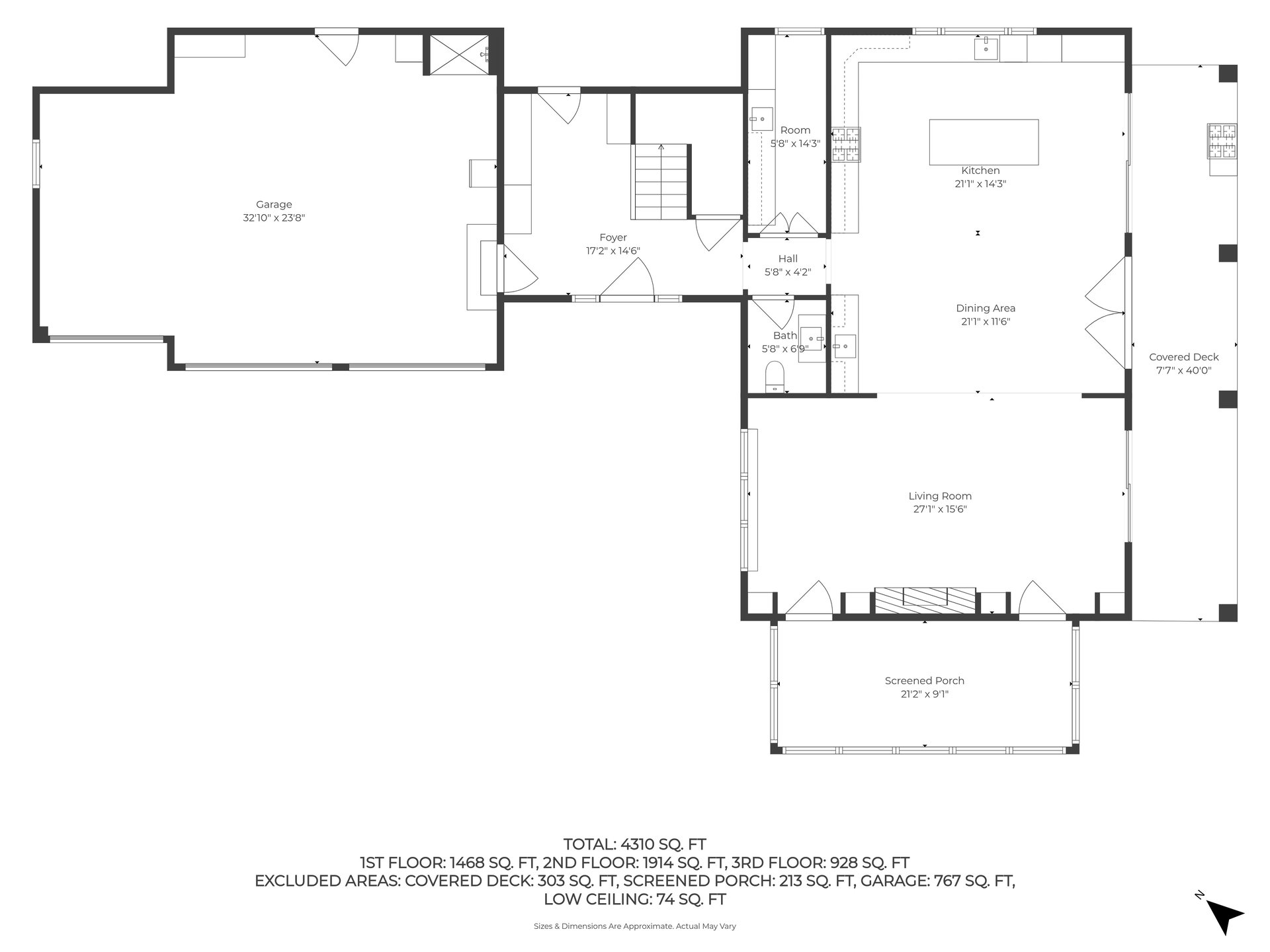 First-floor house plan with garage, kitchen, living and dining areas, covered deck, and screened porch.