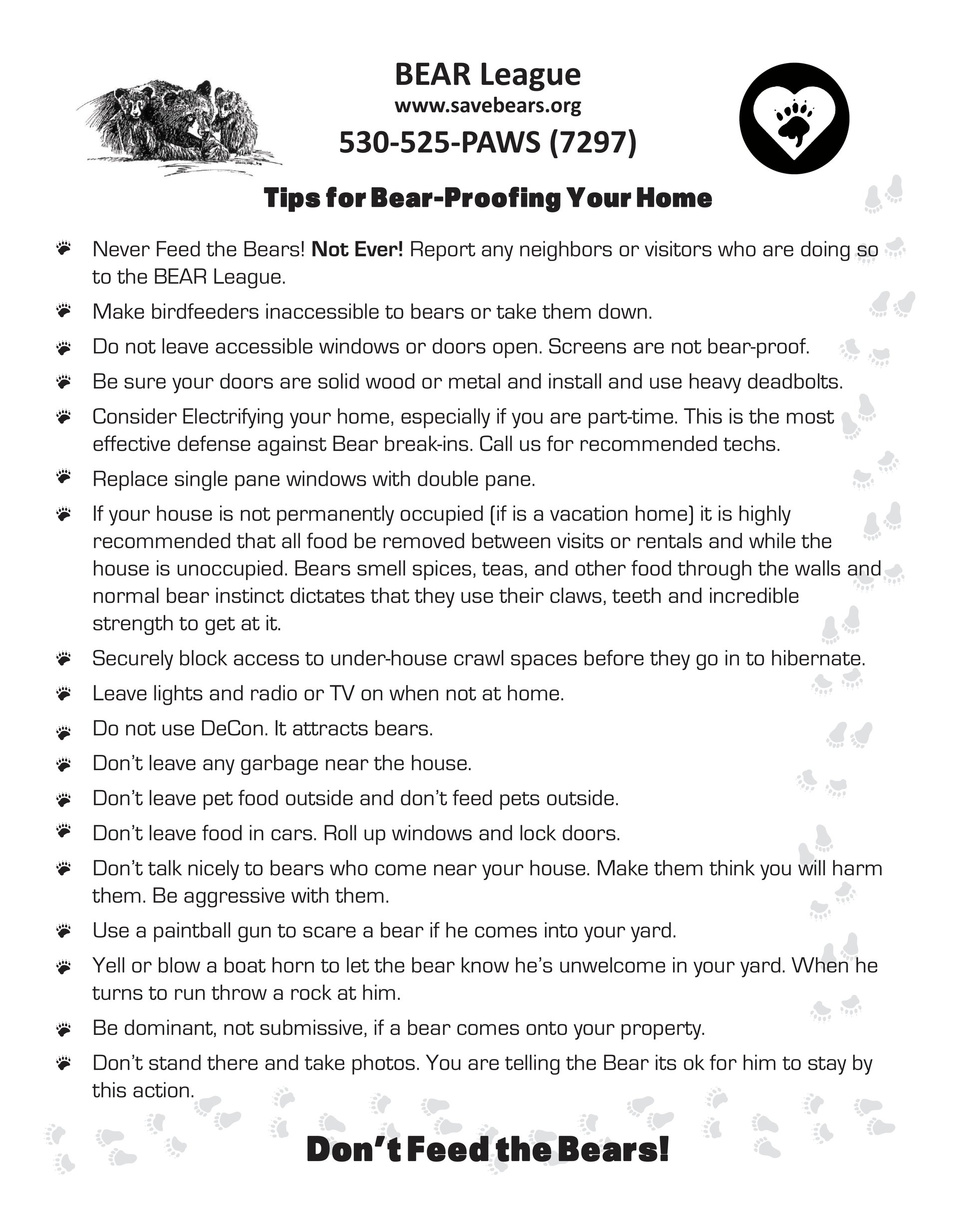 BEAR League infographic listing tips for bear-proofing a home, with bear illustrations and paw-print decorations.