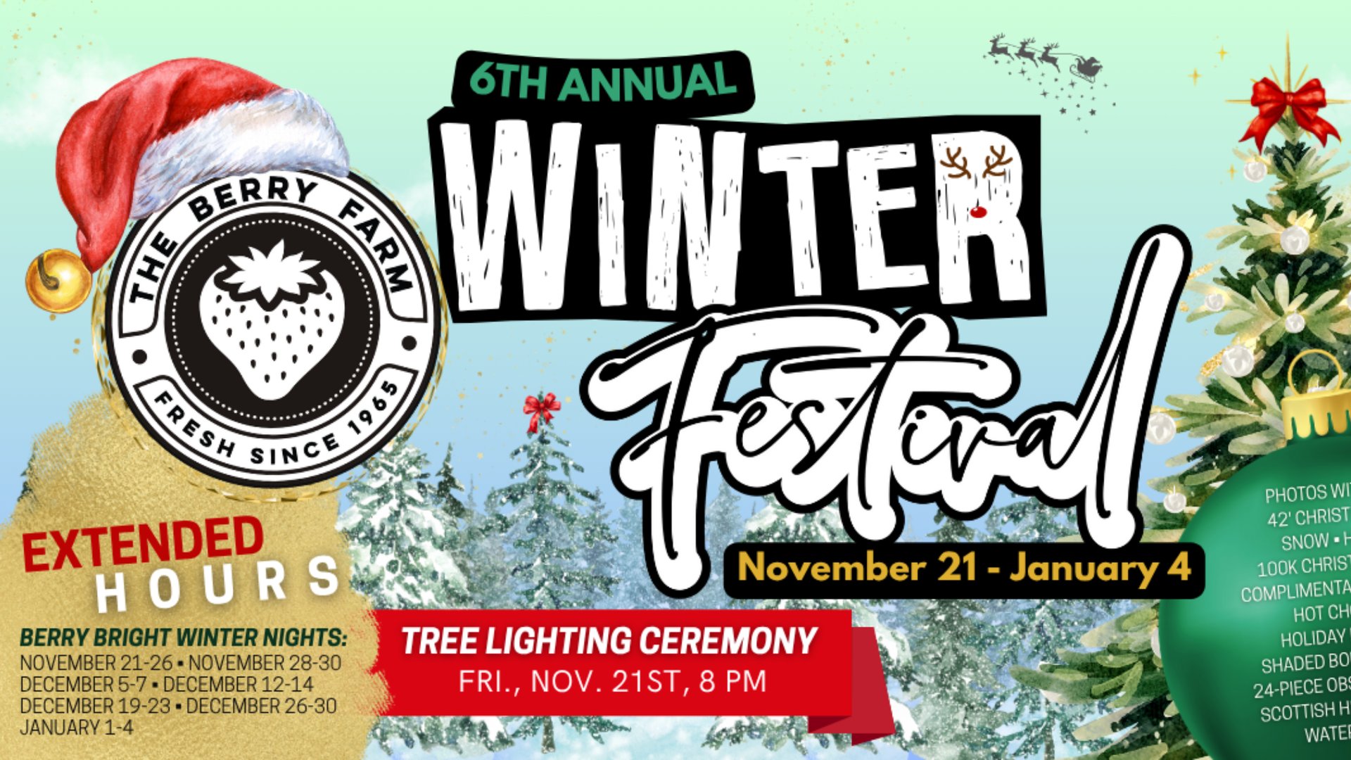 Berry Farm 6th Annual Winter Festival promotional image with Santa hat logo, snowy trees, Christmas decorations, and tree lighting ceremony details November 21 through January 4, Miami event by The Edit Real Estate
