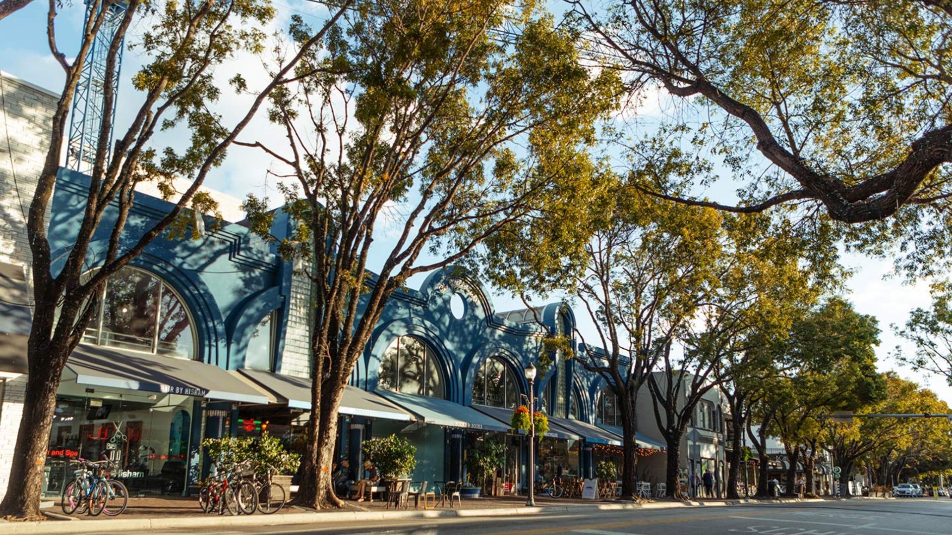 Tree-lined Coconut Grove street with outdoor cafes and bicycles - The Edit Real Estate Miami neighborhoods guide