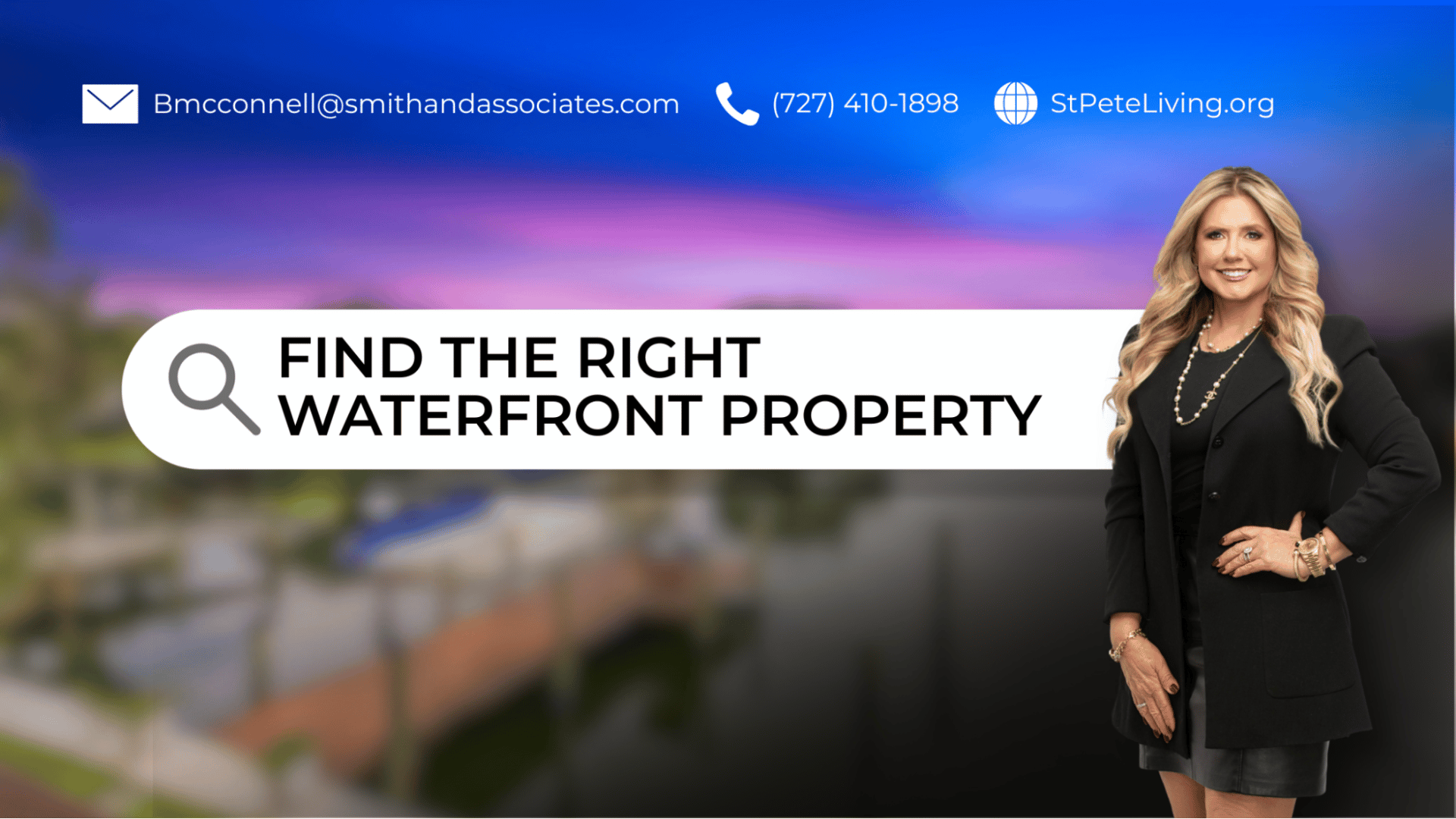 Becky Mcconnell waterfront property banner with contact details and StPeteLiving.org.