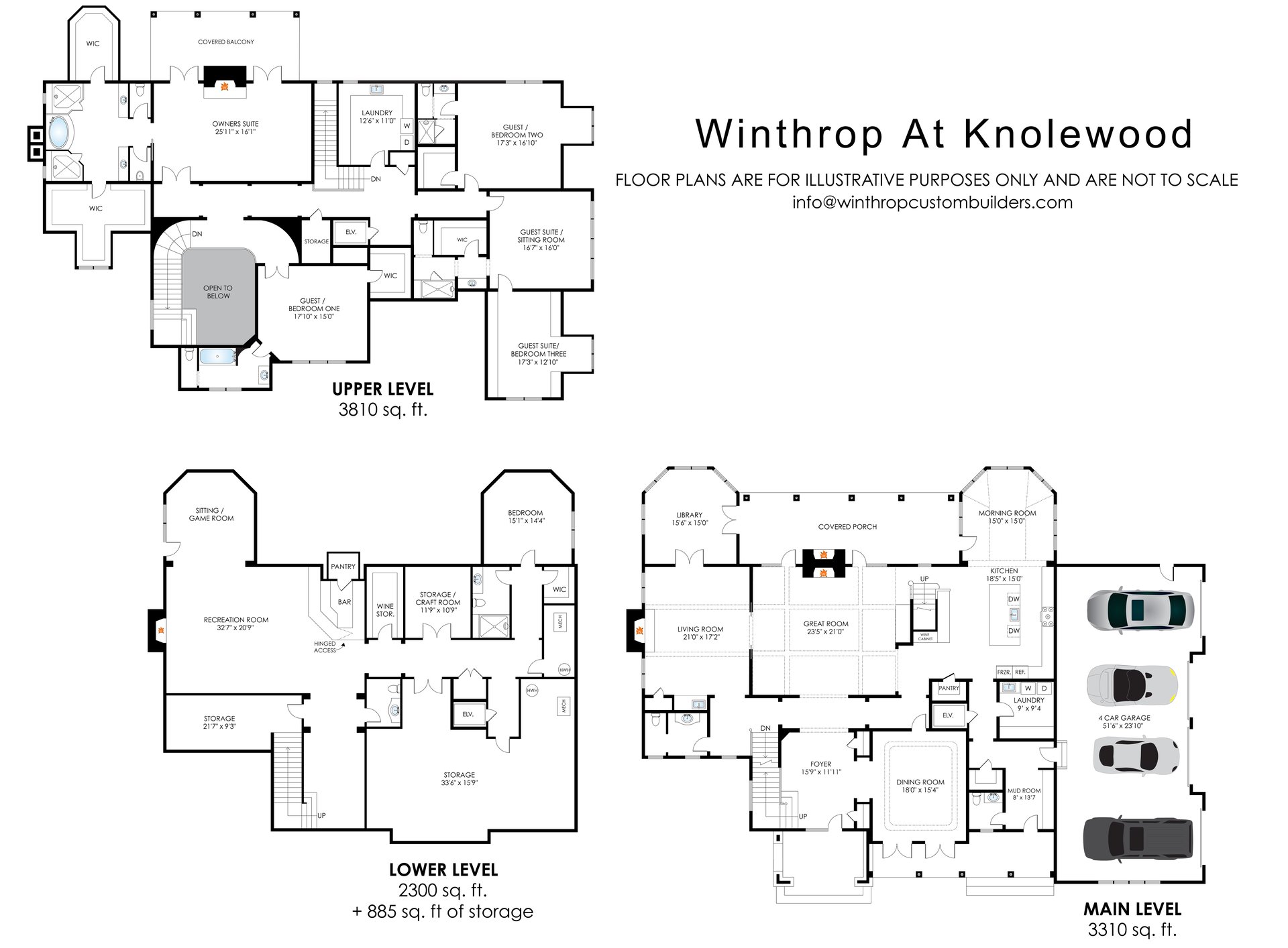Winthrop At Knolewood floor plans showing the upper, lower, and main levels.