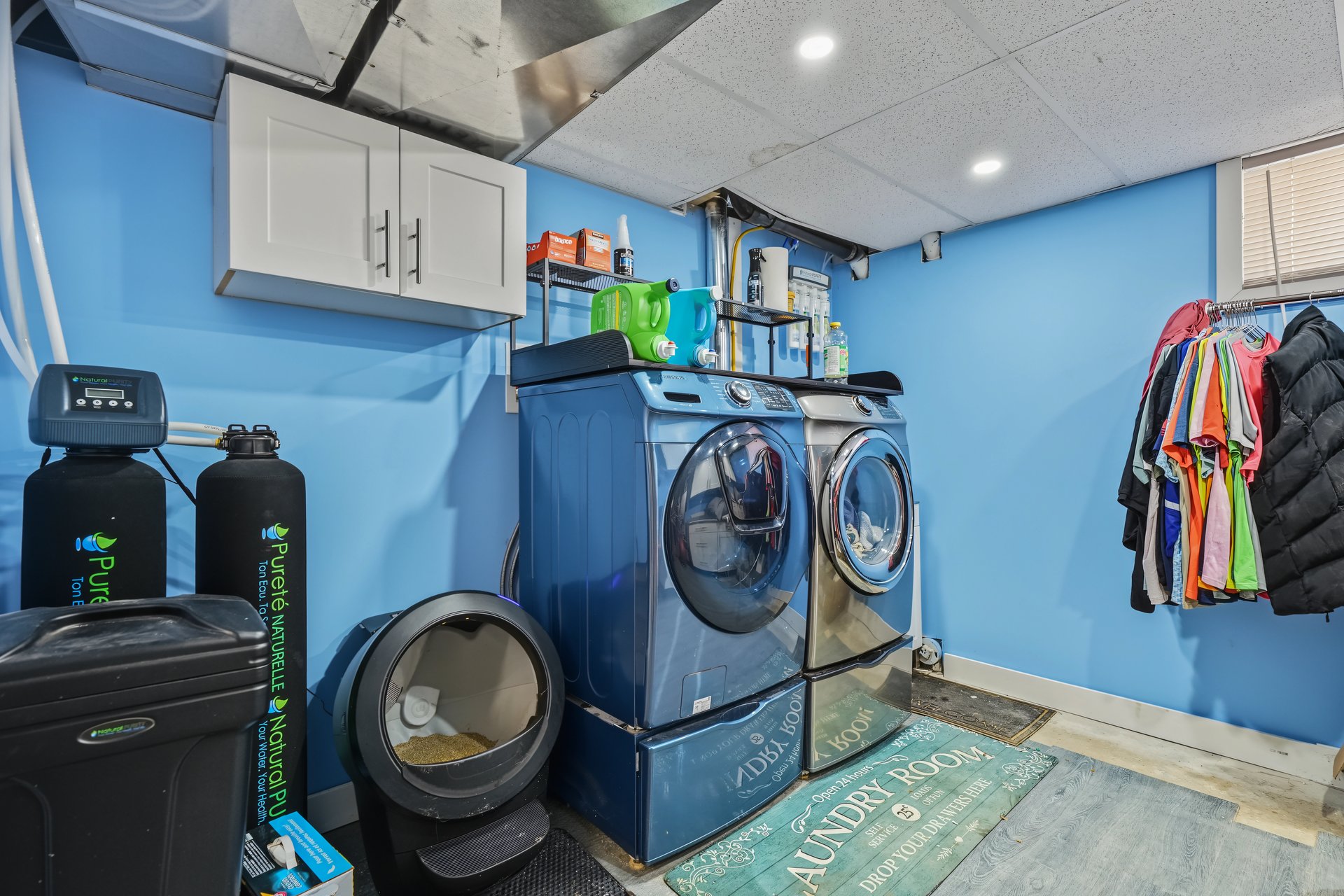 Laundry room with blue walls, front-loading washer and dryer, and water treatment tanks.