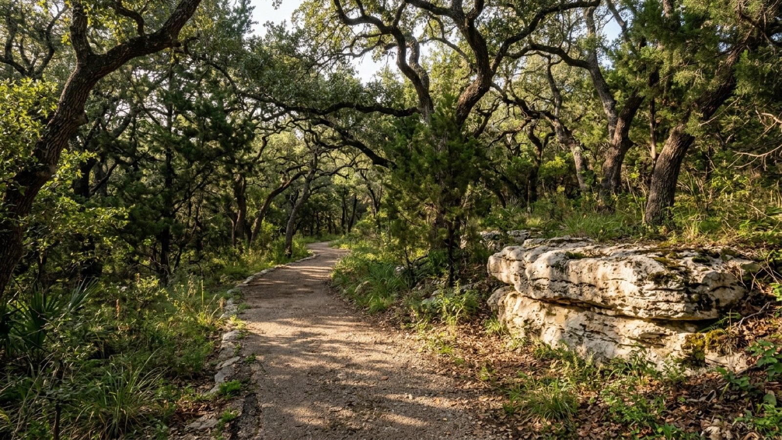 A shaded trail through live oak and cedar trees in a Central Texas park