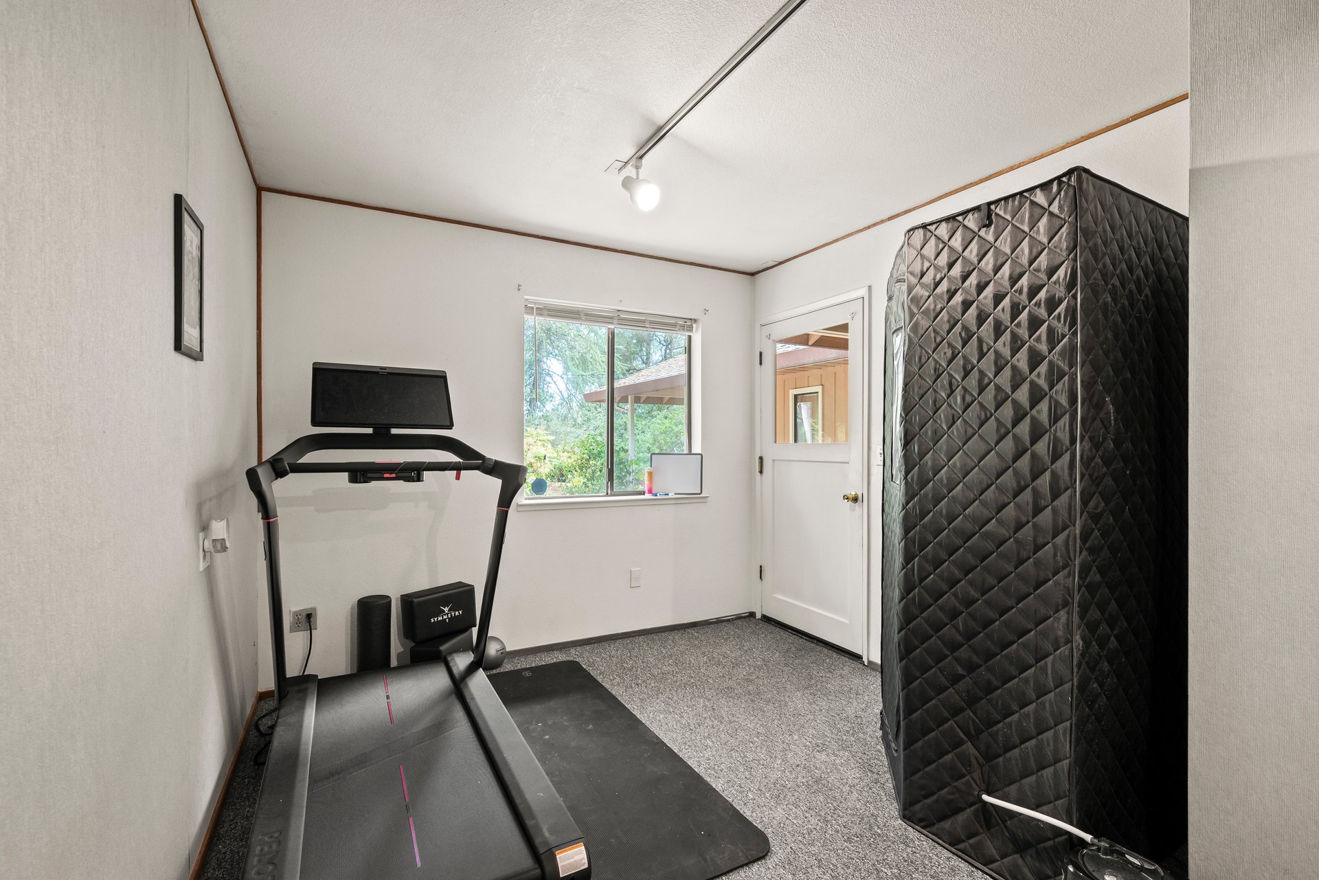 Exercise room with a treadmill, gray carpet, and a window overlooking greenery.