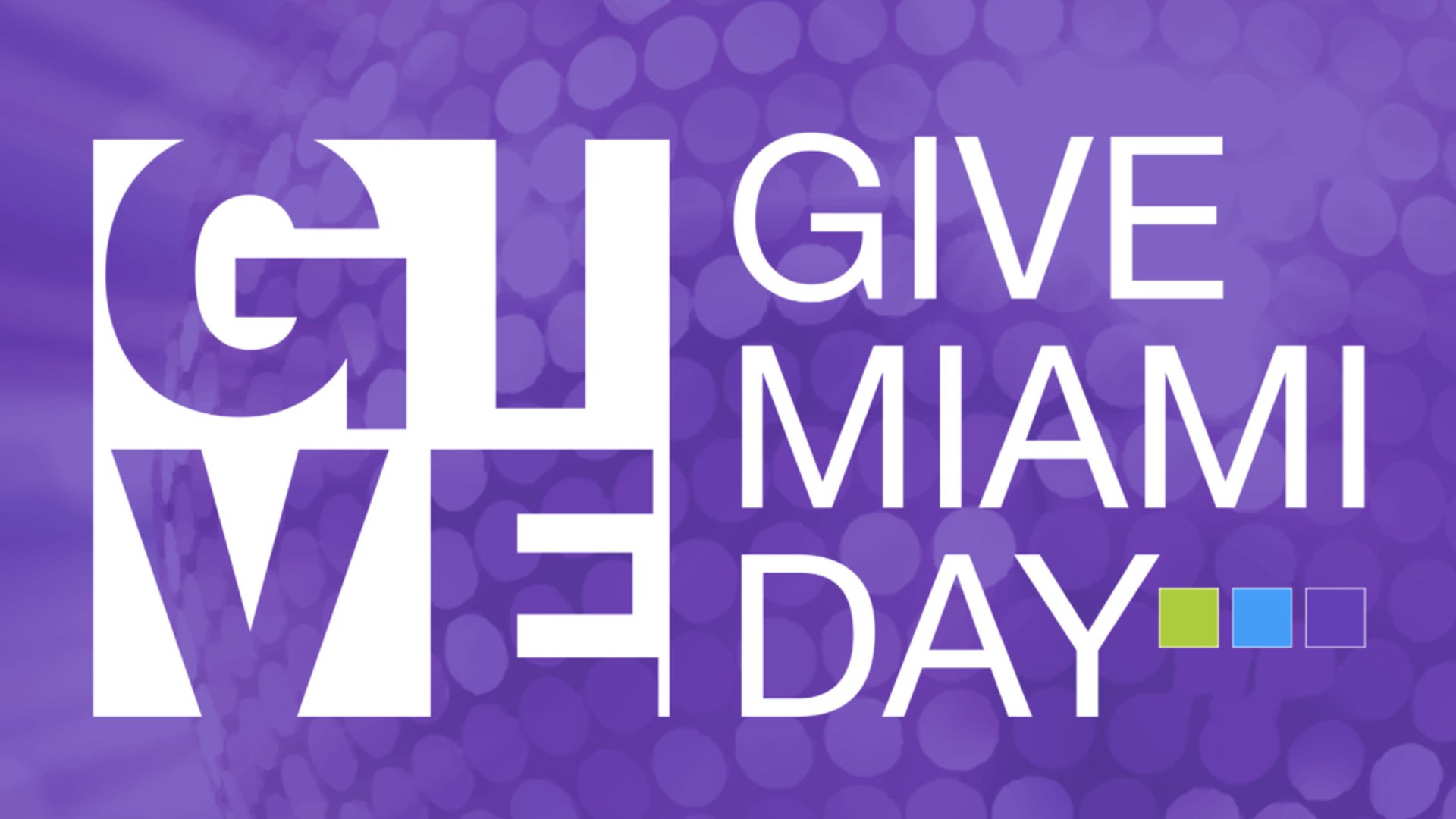 Give Miami Day logo with LOVE letters arranged in square and Give Miami Day text on purple background with heart pattern