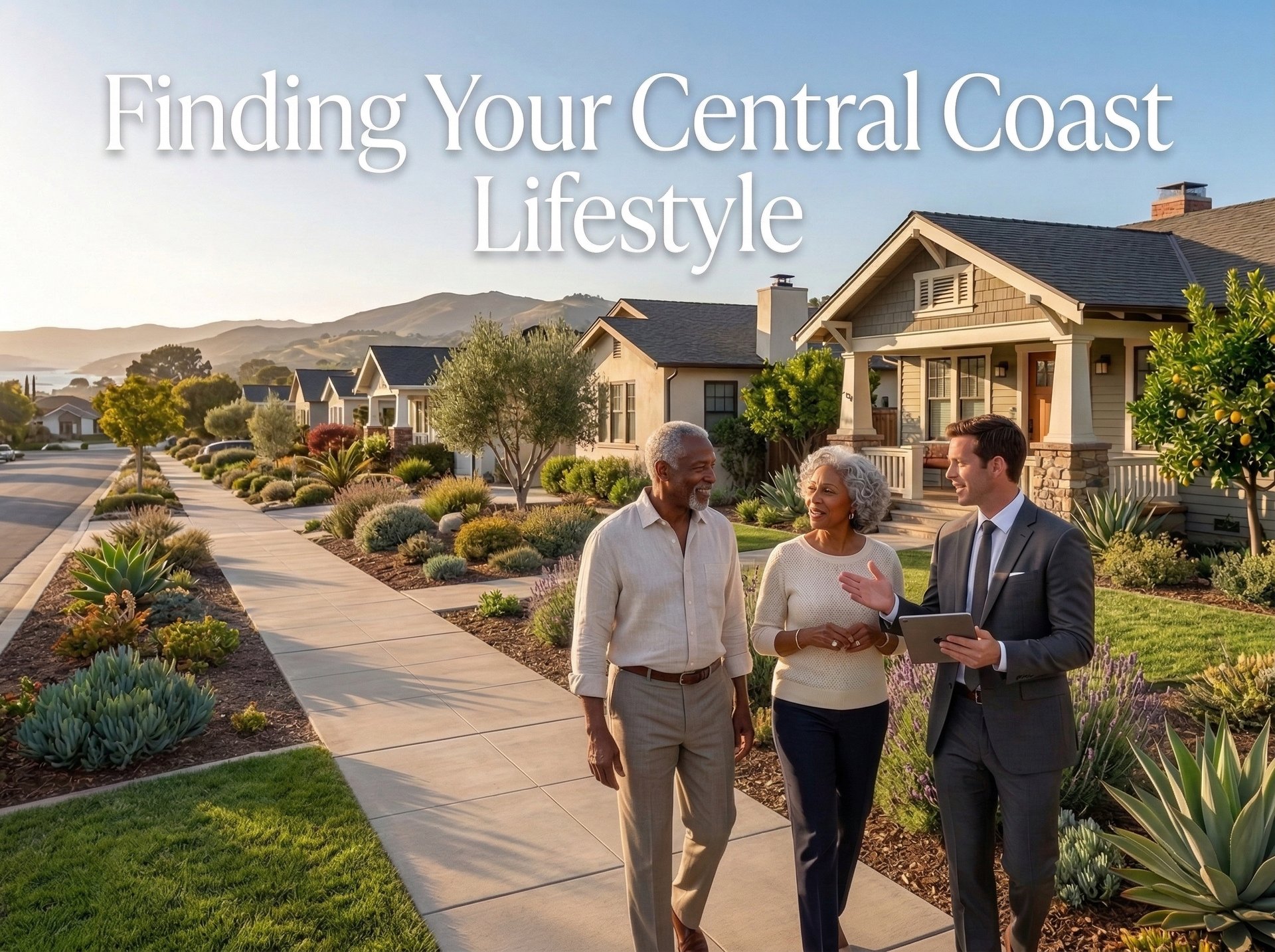 Buyers walking through a residential neighborhood in San Luis Obispo evaluating location and lifestyle