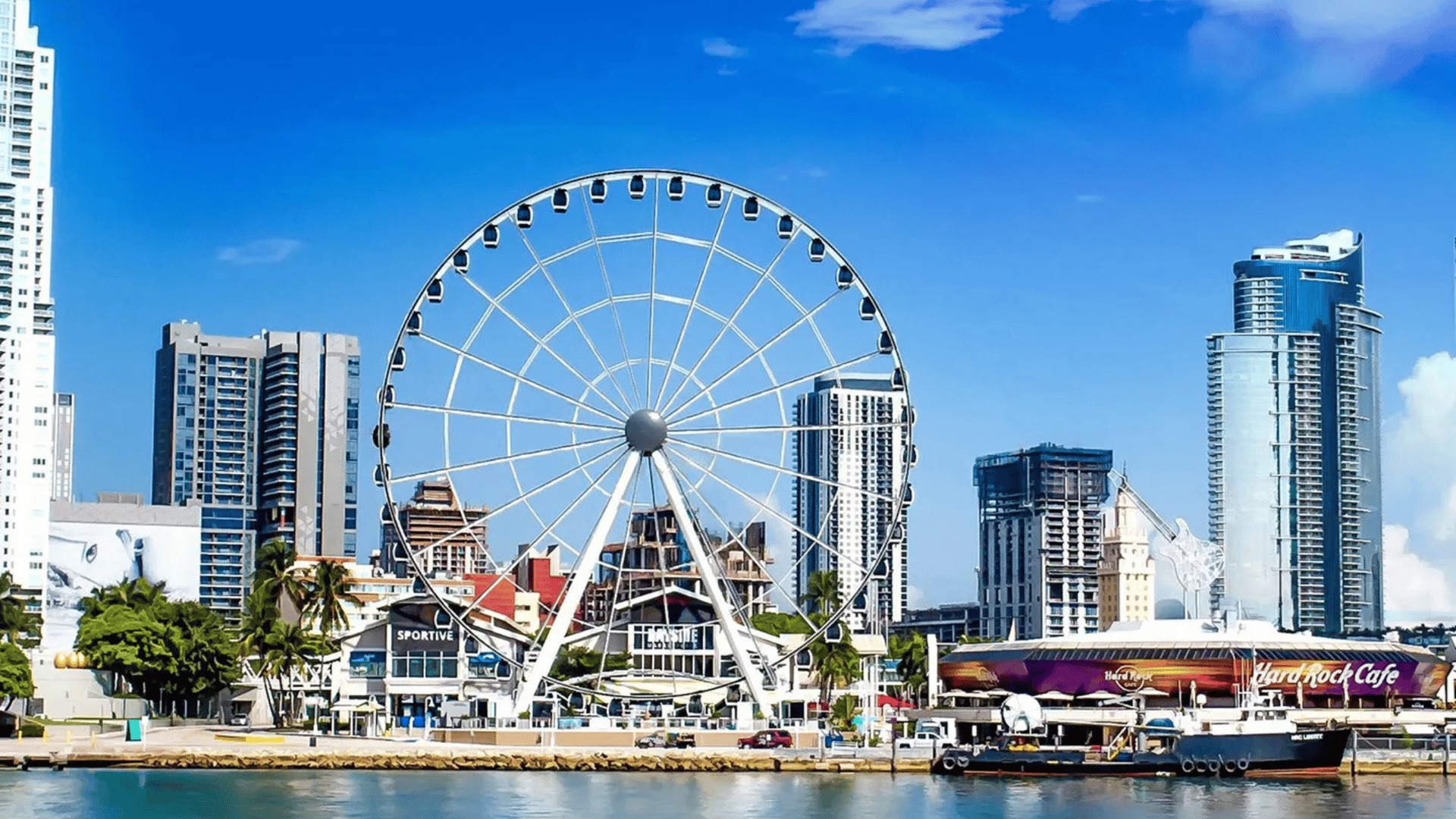 The Edit Real Estate Miami guide featuring downtown Miami's waterfront Ferris wheel with modern skyscrapers and blue sky for wild elegant adventures
