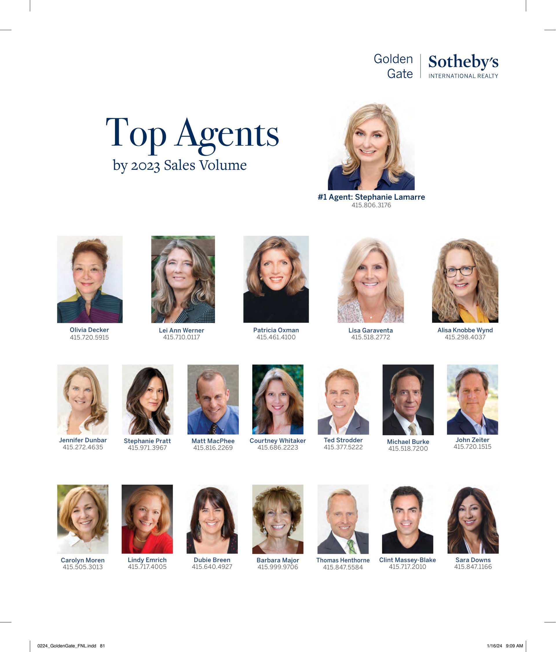 Golden Gate Sotheby’s International Realty Top Agents by 2023 Sales Volume, Marin Magazine February 2024, page 81