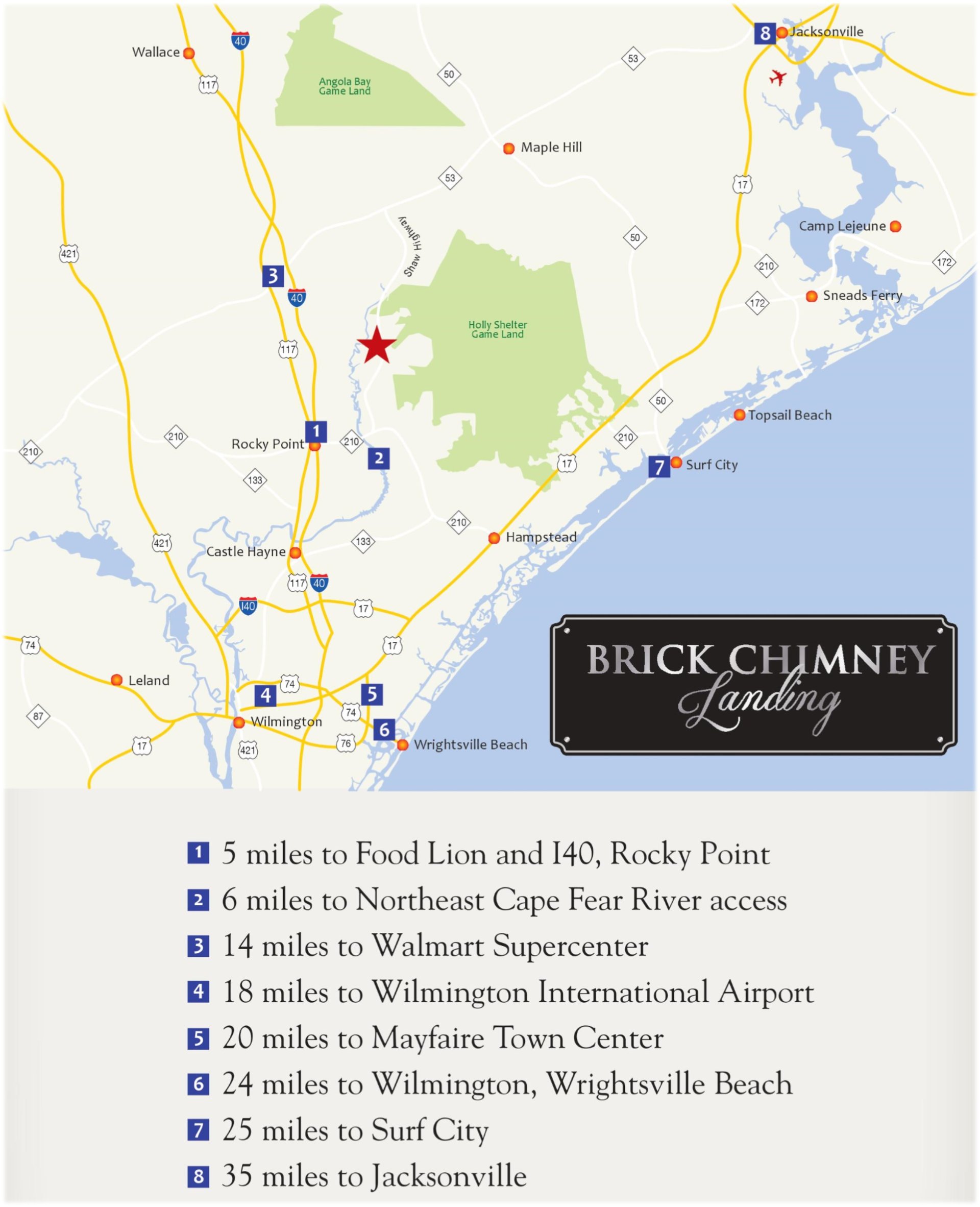 Map locating Brick Chimney Landing near Rocky Point, with distances to Wilmington-area destinations.