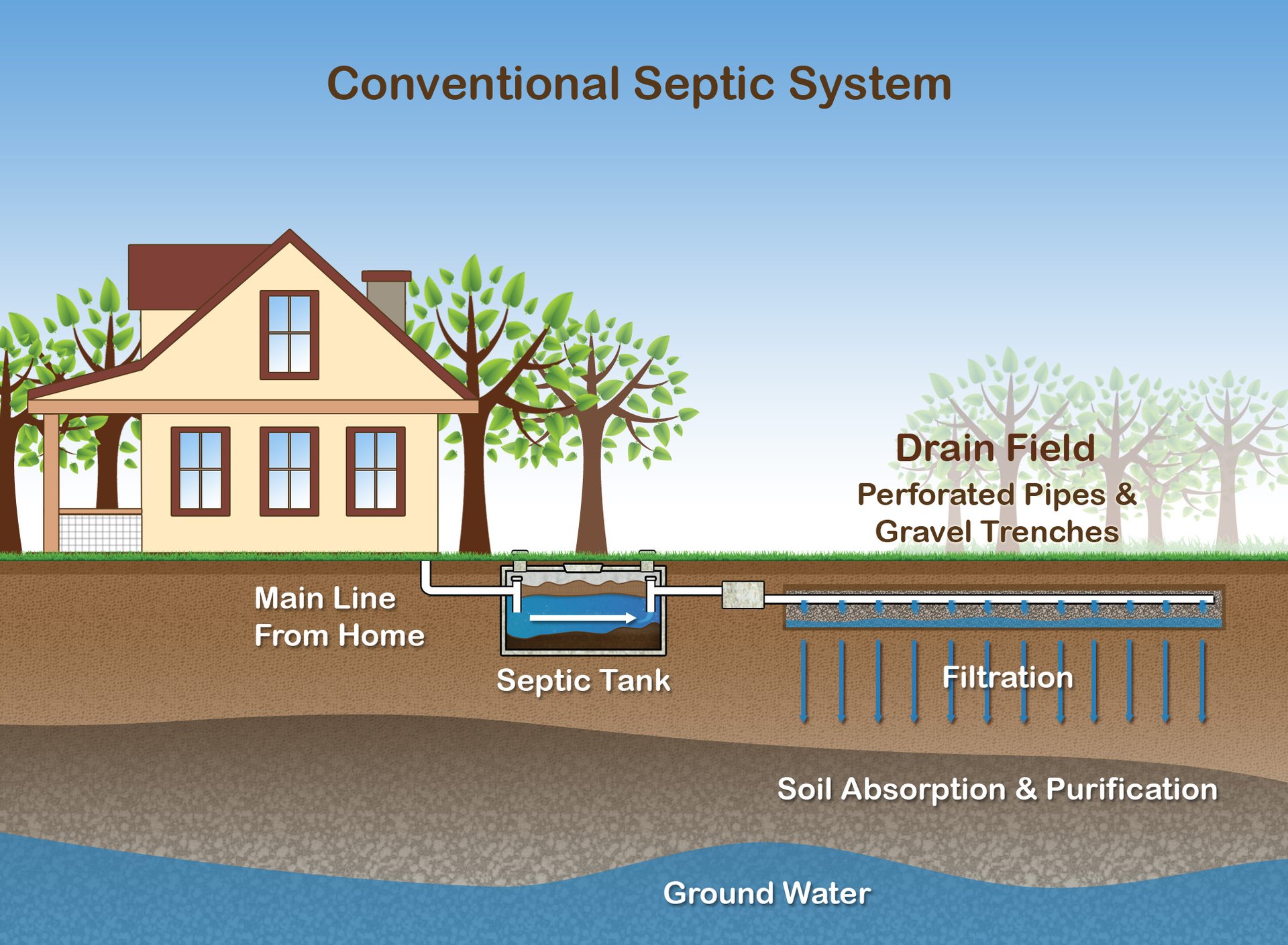 Diagram showing how a conventional septic system carries wastewater from a home through a septic tank and drain field.