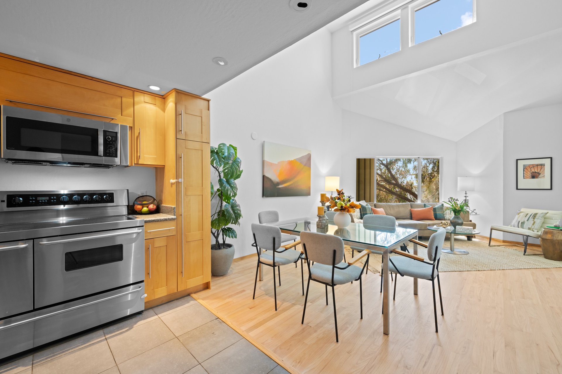 The kitchen and dining room are set up to entertain at 1700 Gough Street in San Francisco