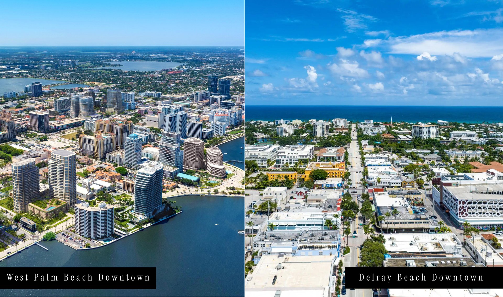 Aerial comparison of West Palm Beach’s waterfront high-rises and Delray Beach’s low-rise downtown by the ocean.