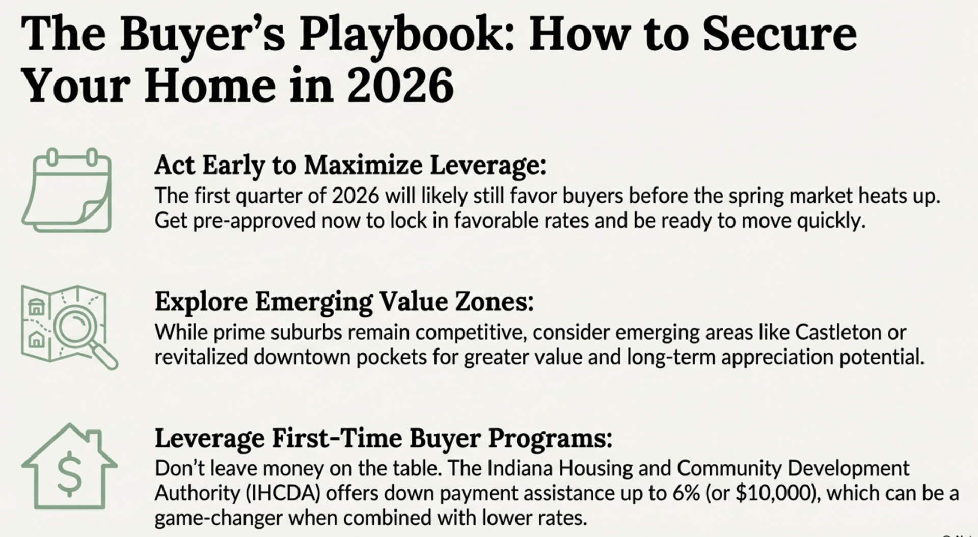 Buyer's Playbook 2026: How to secure your home in Indianapolis &ndash; act early for leverage, explore emerging value zones like Castleton, leverage IHCDA first-time buyer programs with down payment assistance up to 6% or $10,000