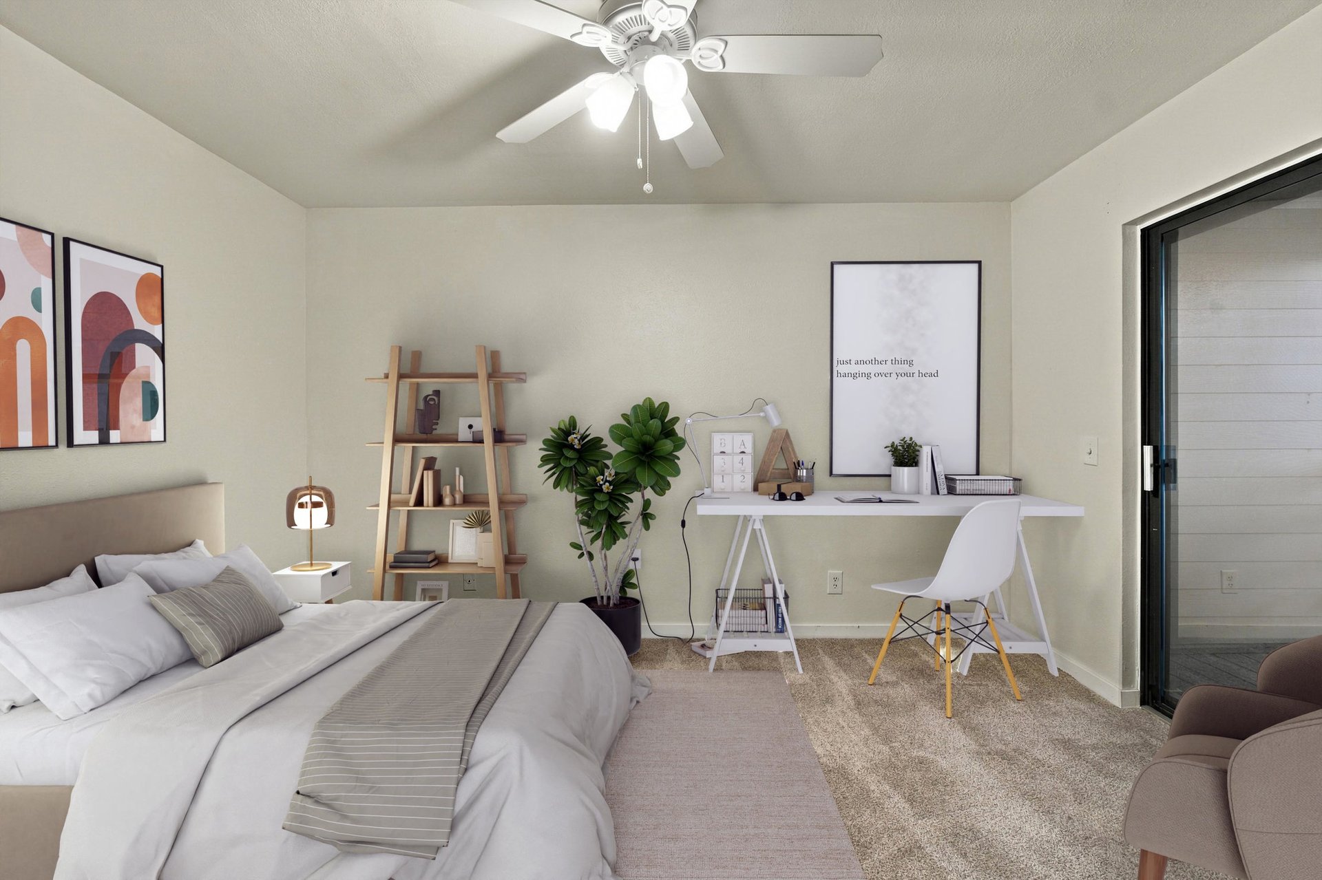 Staged bedroom with a white bed, ladder shelf, potted plants, and desk beside a sliding glass door.