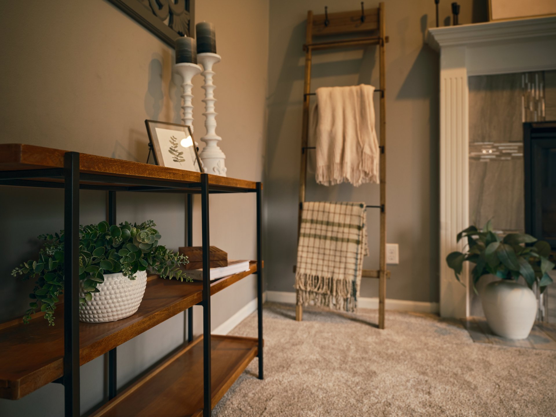 Staged hallway with a wood console table, potted plant, and blanket ladder.
