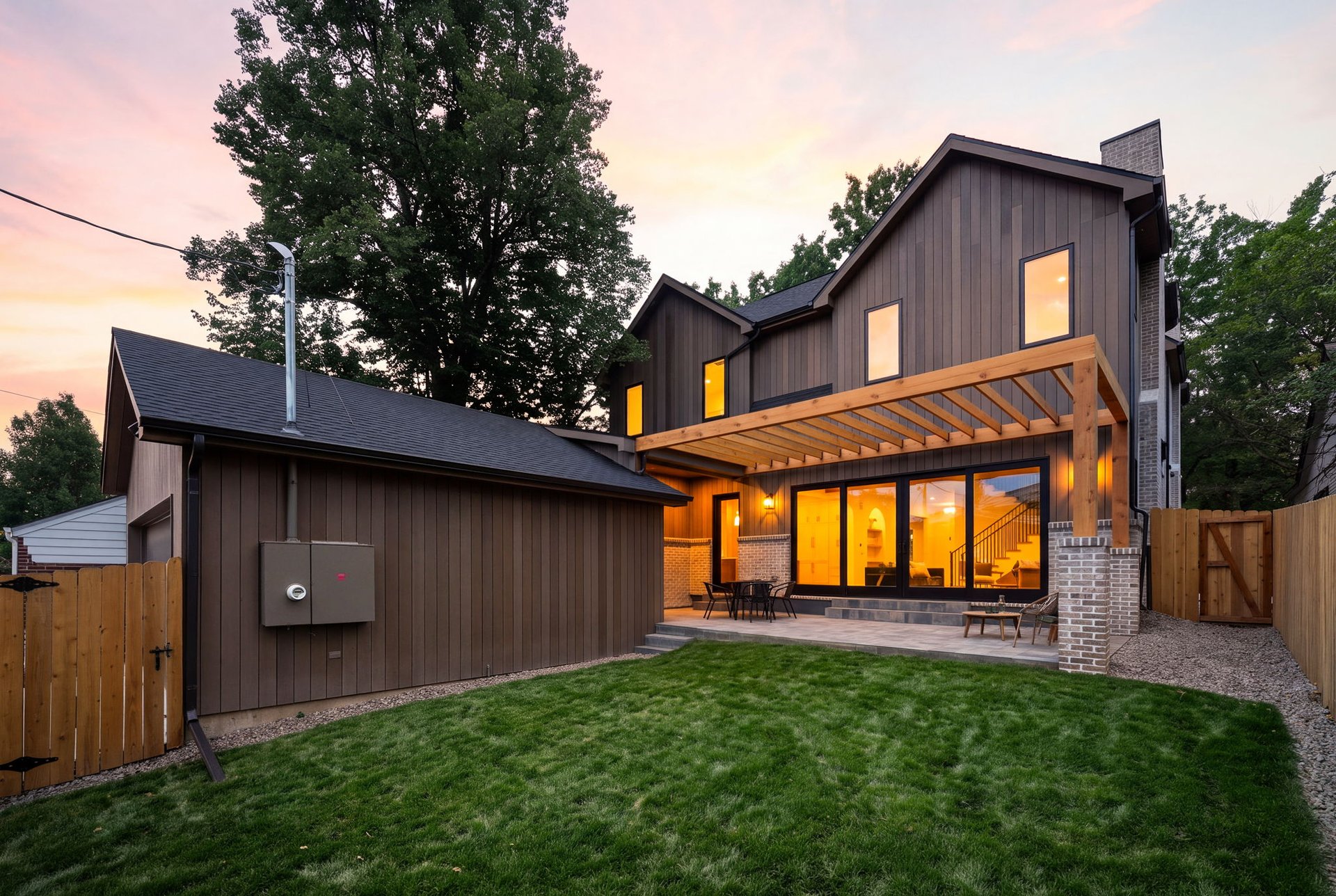 Rear exterior with timber pergola, patio, and lawn beneath a pink dusk sky.