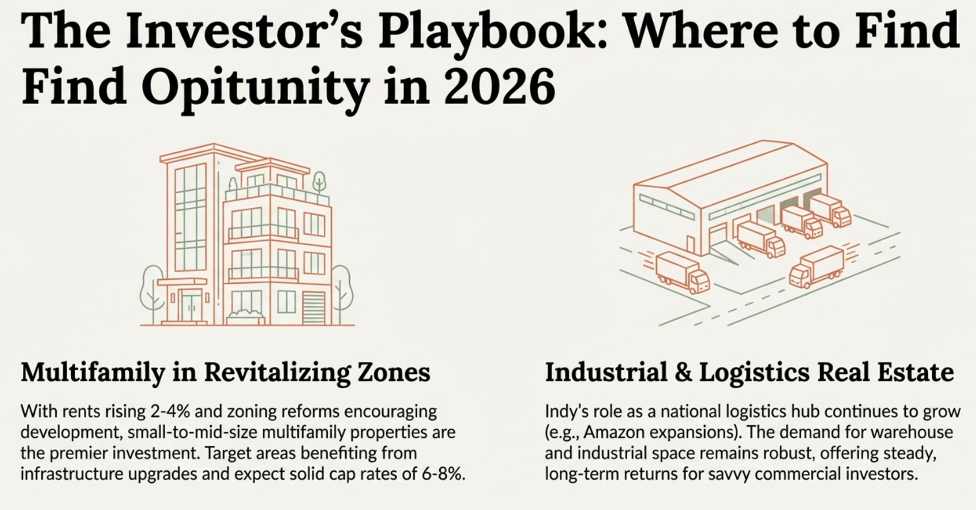 Investor's Playbook 2026: Where to find opportunity in Indianapolis real estate &ndash; multifamily in revitalizing zones with 2-4% rent growth and 6-8% cap rates, industrial & logistics properties driven by logistics hub growth like Amazon expansions