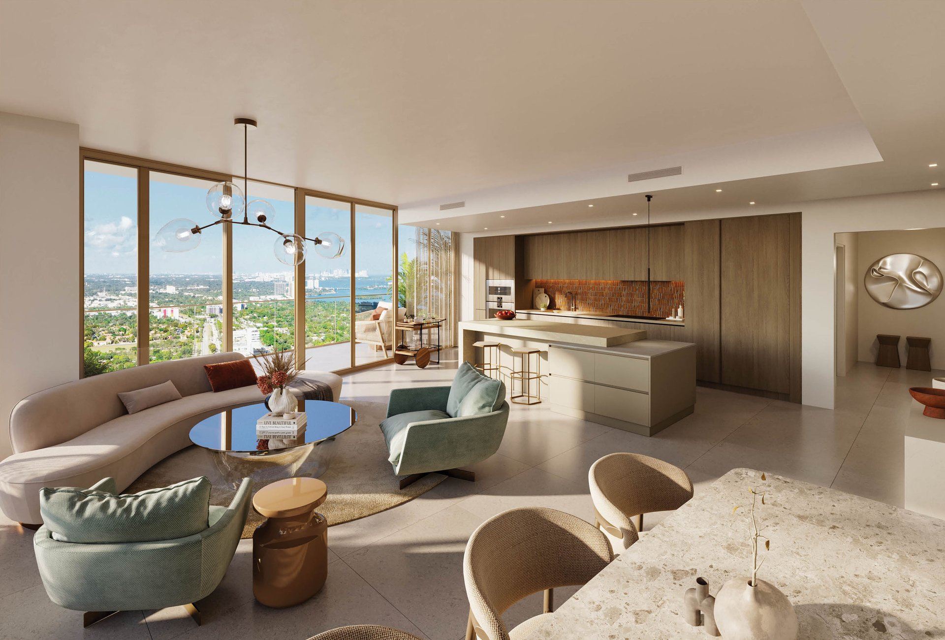 Open-plan condo living room and kitchen with floor-to-ceiling windows overlooking Miami’s cityscape and water.