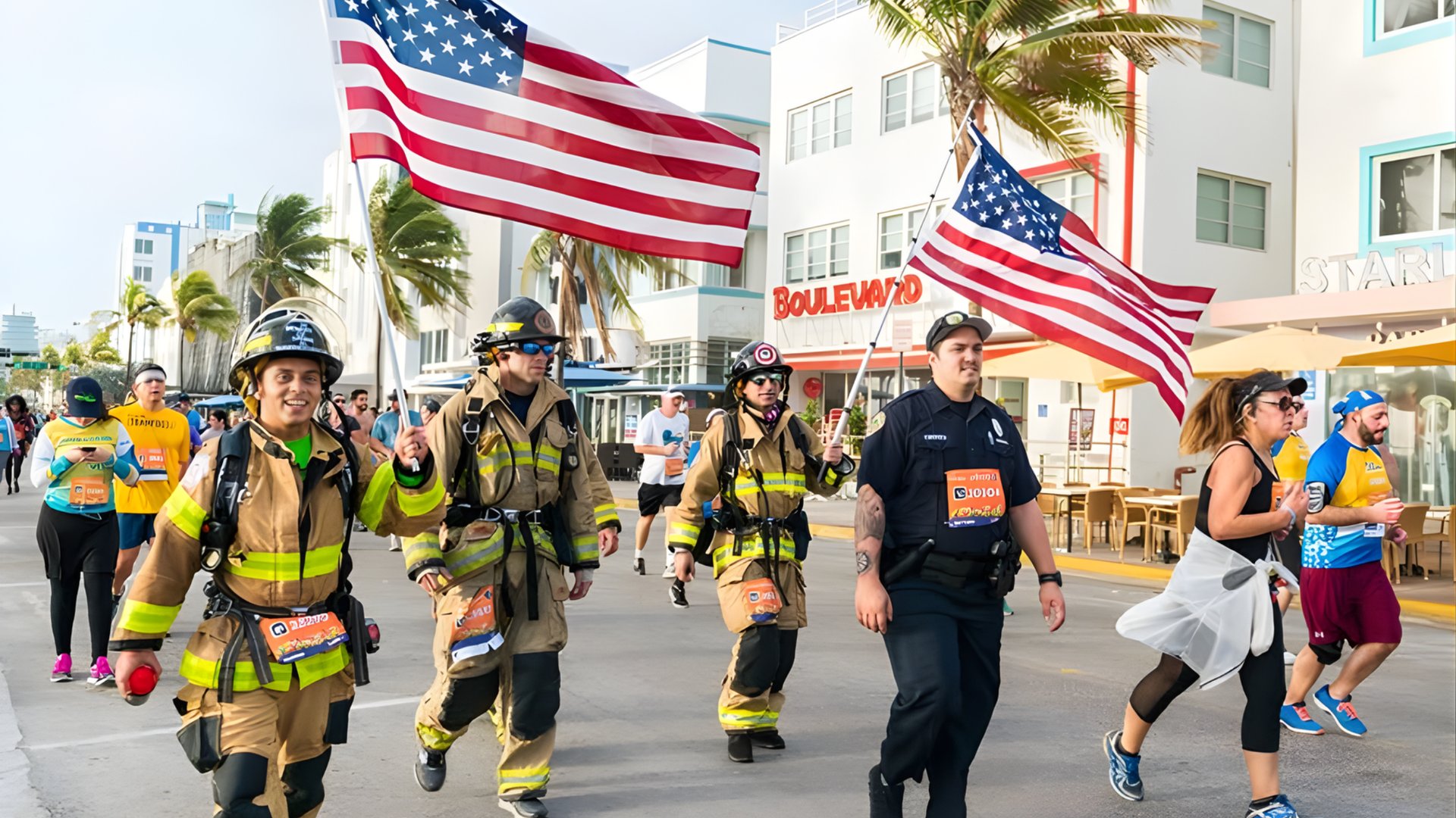 Miami firefighters and police officers in full gear carrying American flags during Turkey Trot charity run on Miami Beach by The Edit Real Estate