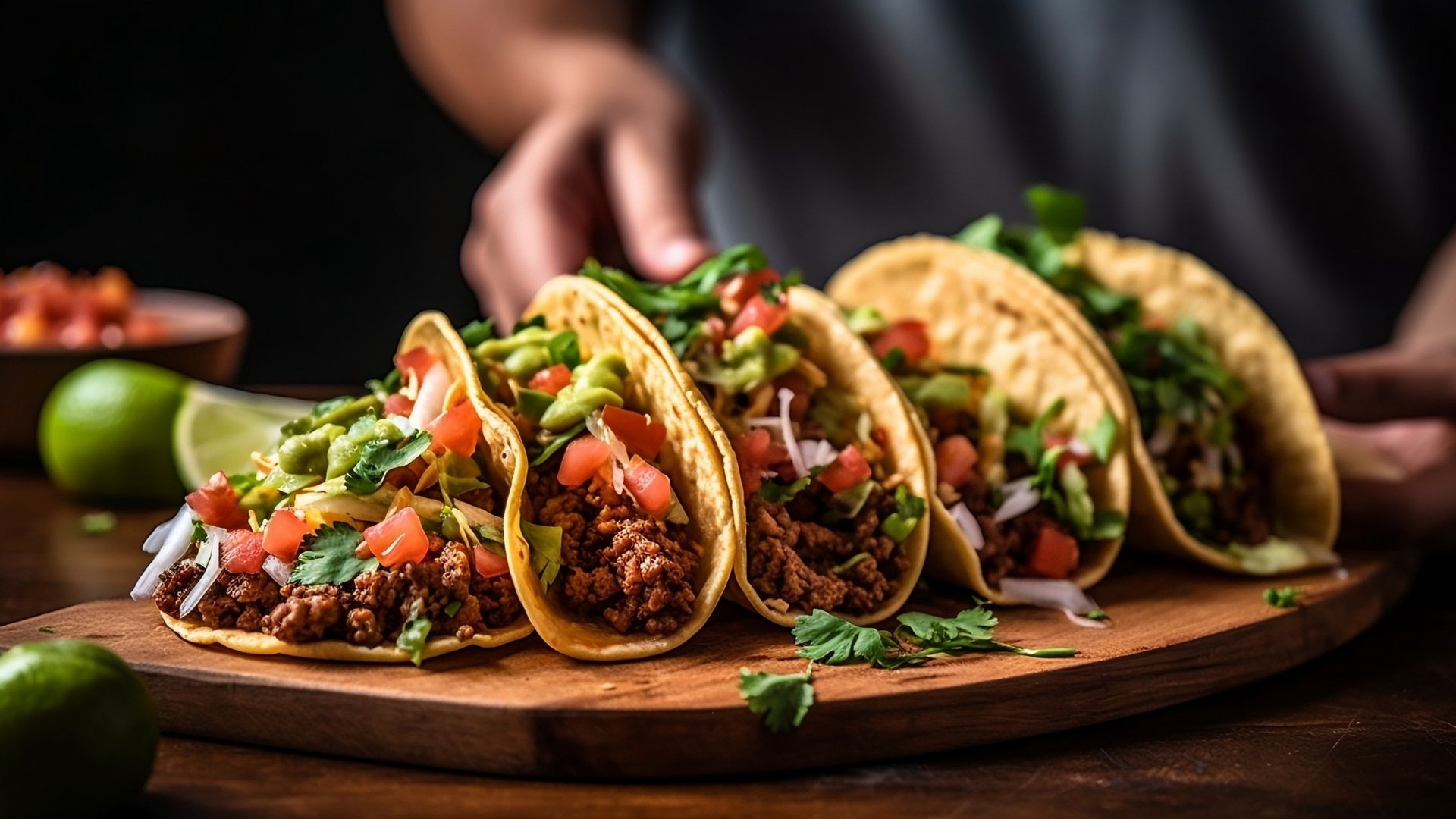 Freshly prepared tacos with ground beef, fresh vegetables, cilantro, and lime on wooden serving board for National Taco Day in Miami