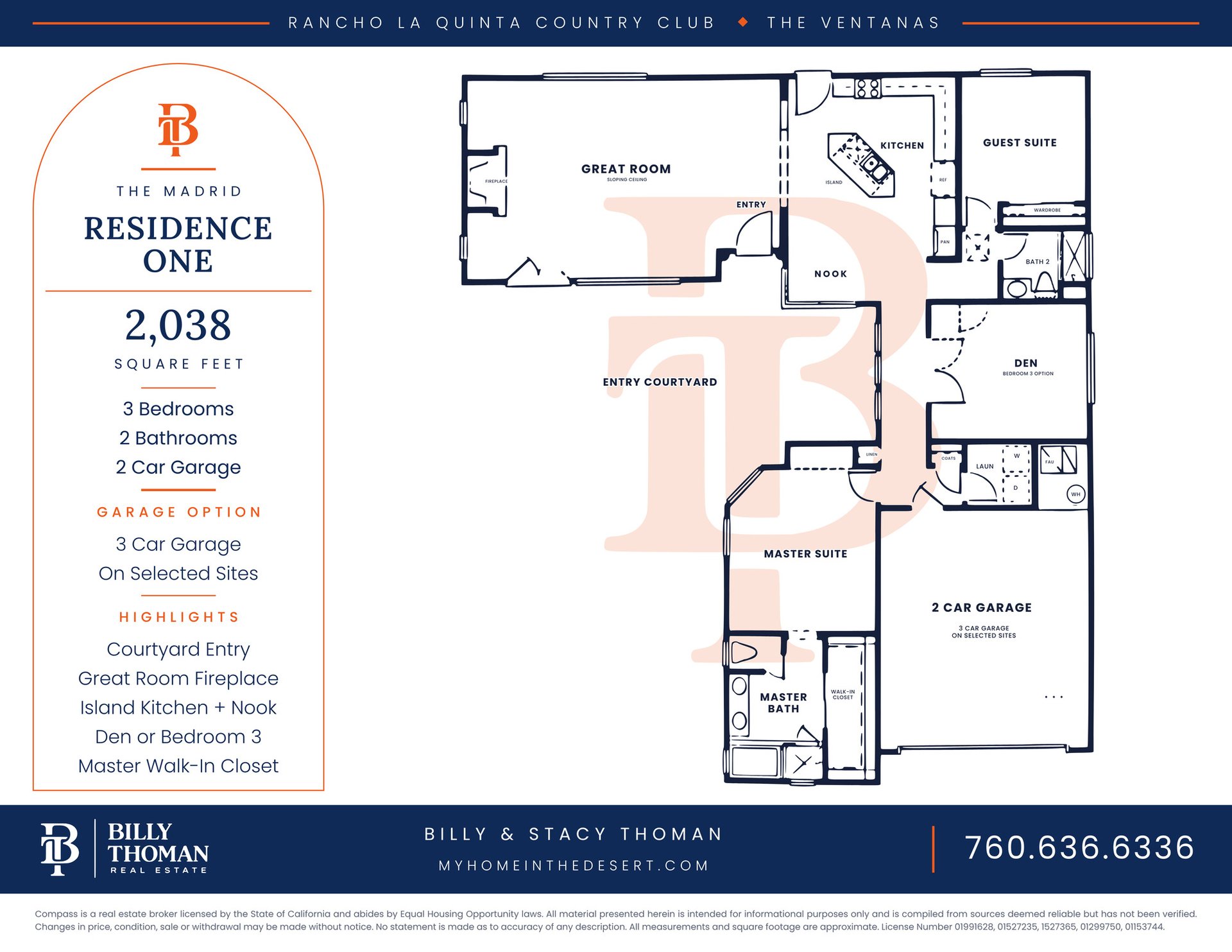 Rancho La Quinta Country Club Madrid Residence One floor plan, 3 bedroom 2 bath 2,038 sq ft single story home with courtyard entry
