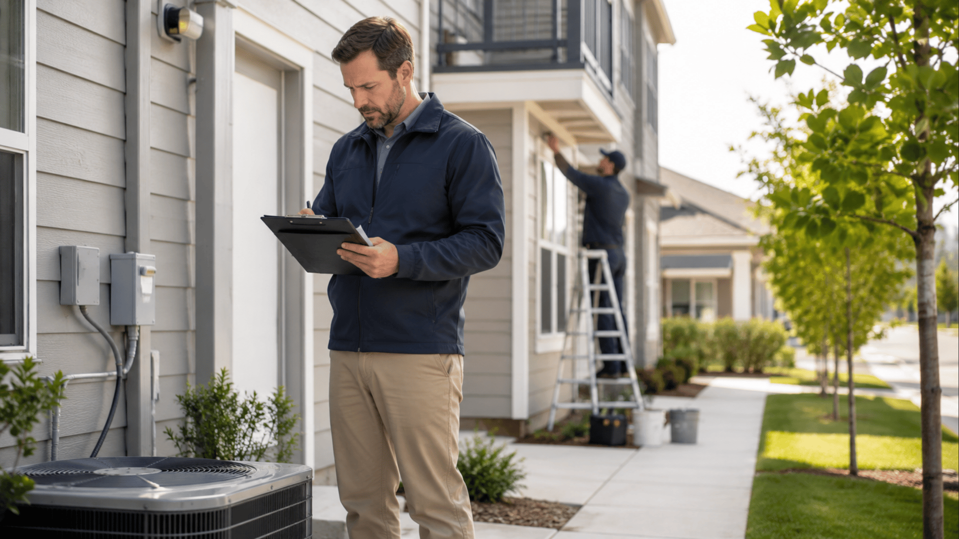 a-man-inspects-an-hvac-unit-taking-notes-on-a-clipboard-outside-a-house-another-person-stands-on-a-ladder-working-on-the-home-s-exterior