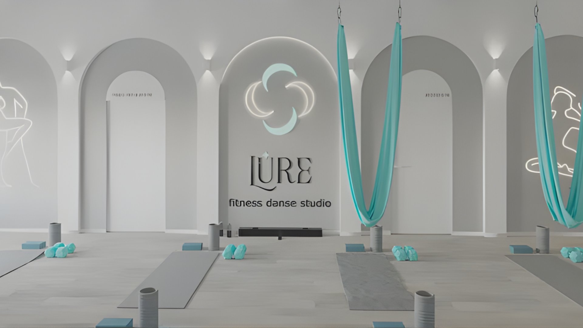 LURE fitness dance studio interior with turquoise aerial yoga silks and arched white walls - The Edit Real Estate Miami wellness spots