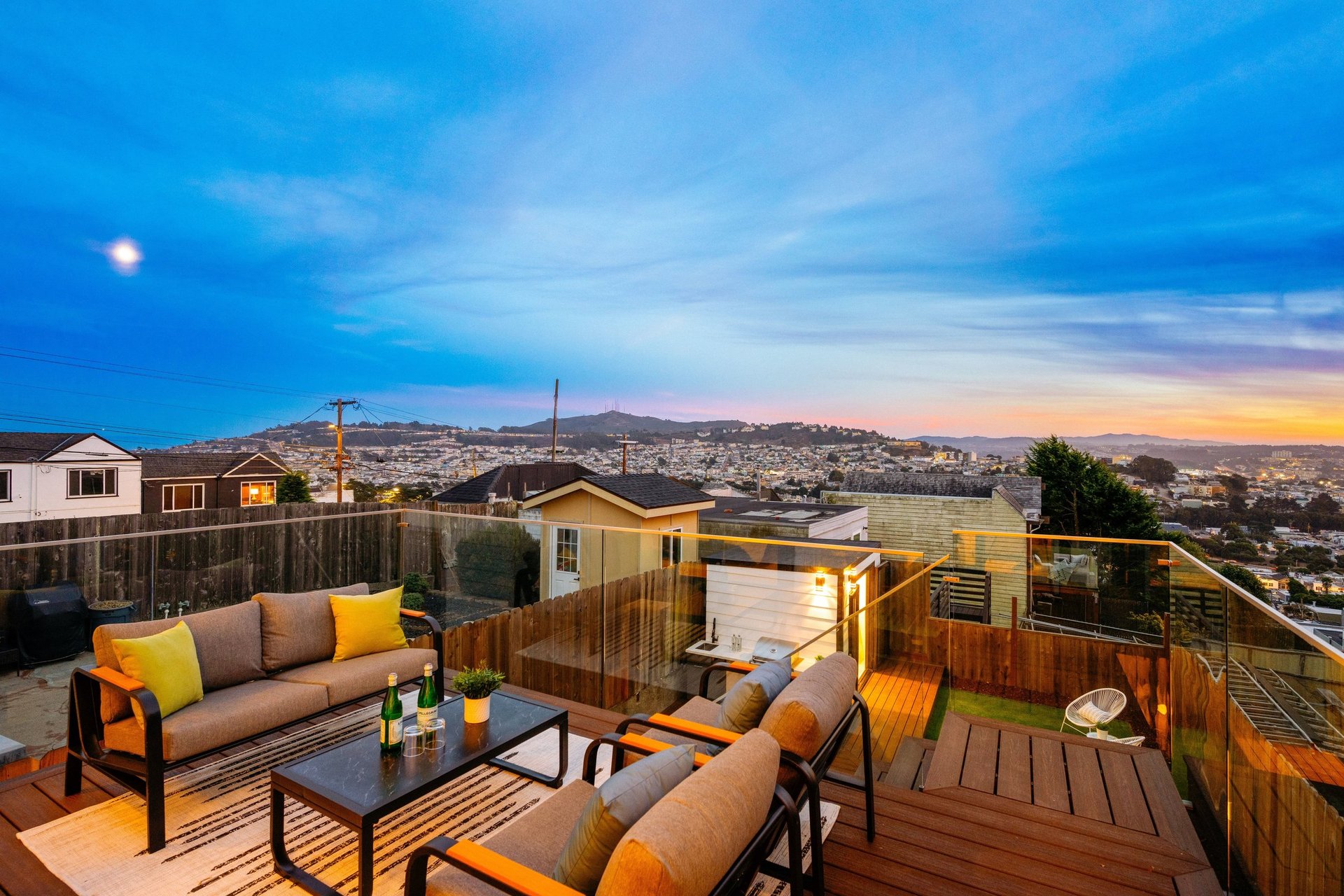Rear deck at dusk with views across the valley toward the Pacific from 15 Shields Street, Ingleside Heights, San Francisco