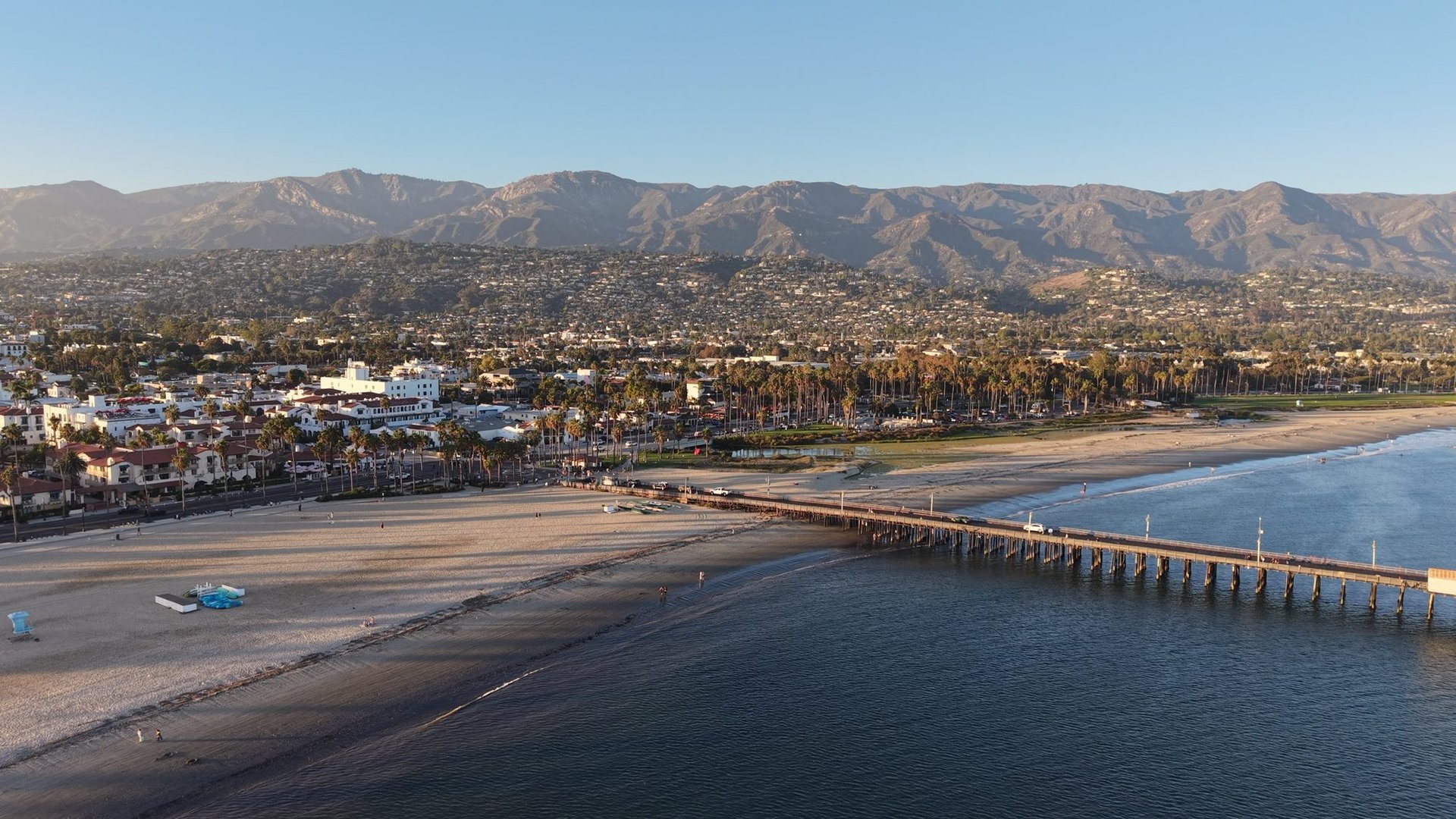 Stearns Wharf, East Beach and the Santa Ynez Mountains in Santa Barbara