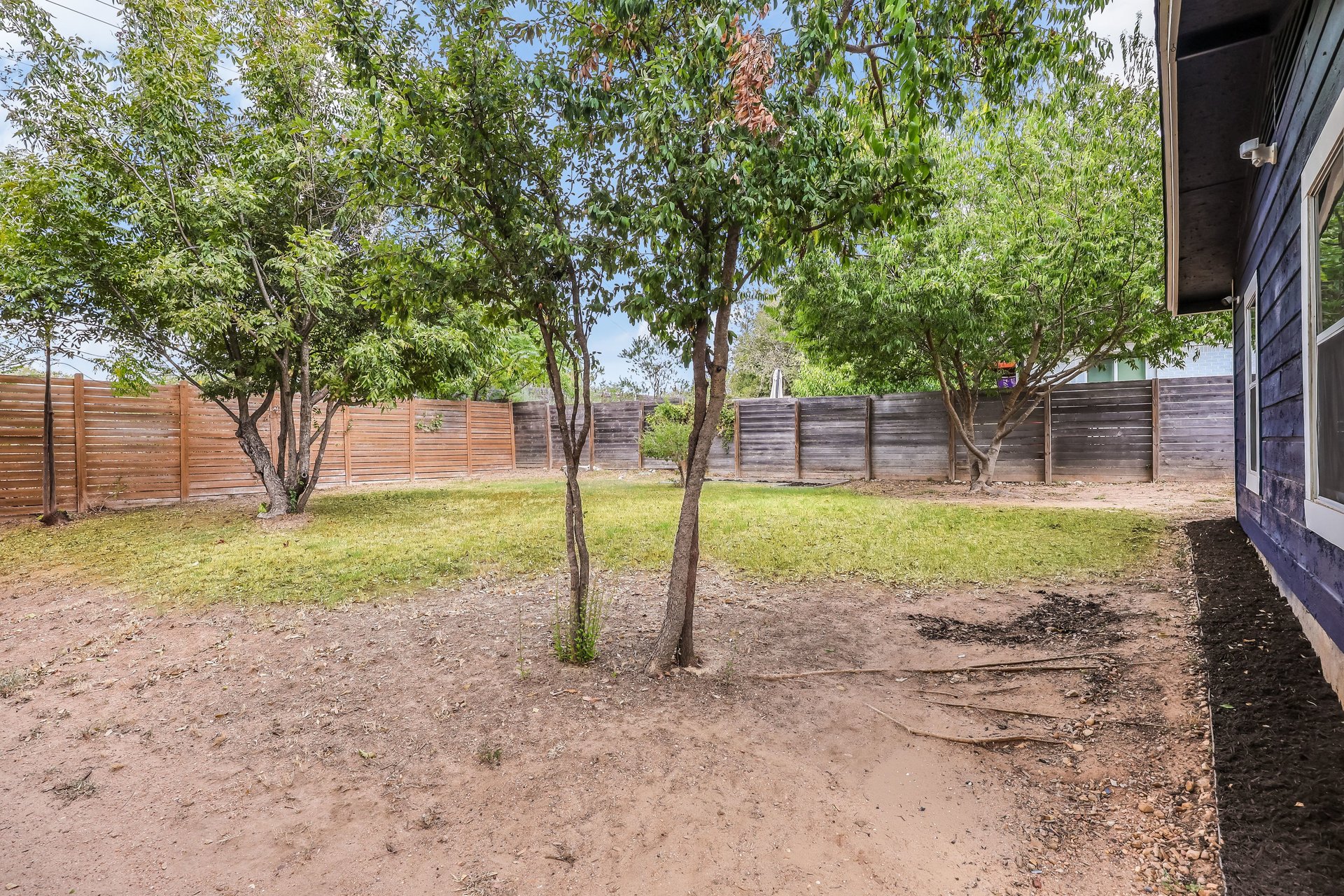 Fenced backyard with several leafy trees, patchy grass, and the house along one side.