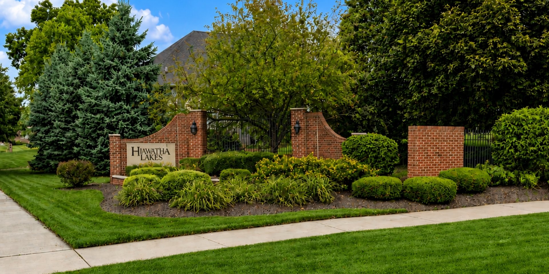 Brick gated entrance for Hiawatha Lakes, a luxury Okemos, Michigan neighborhood, with wrought-iron accents and landscaped shrubs
