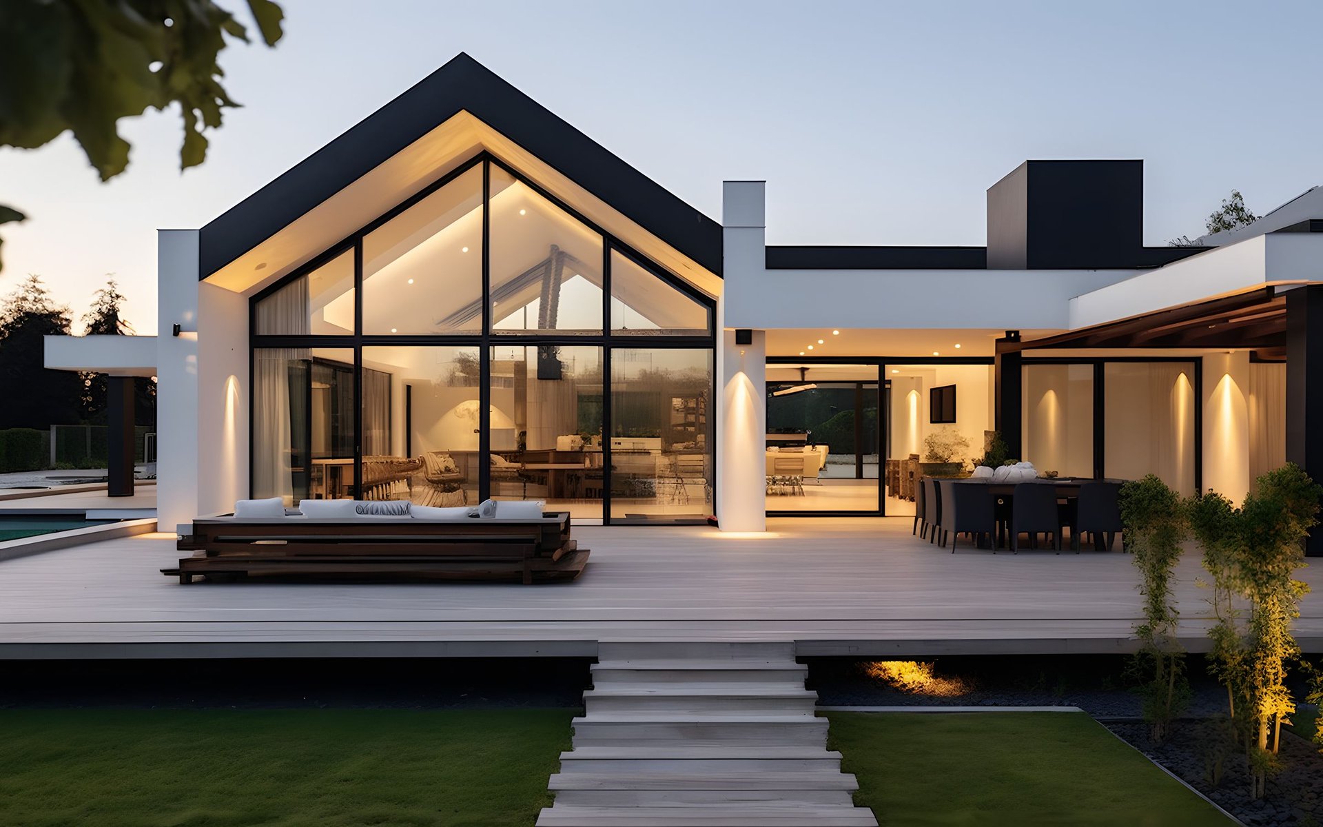 Modern home with a peaked glass facade and furnished deck at dusk
