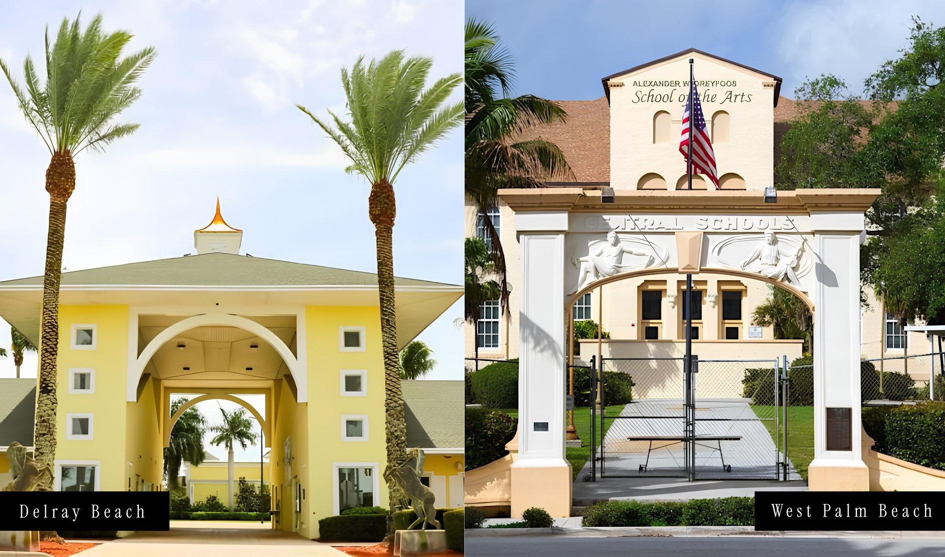Delray Beach and West Palm Beach landmarks shown side by side.