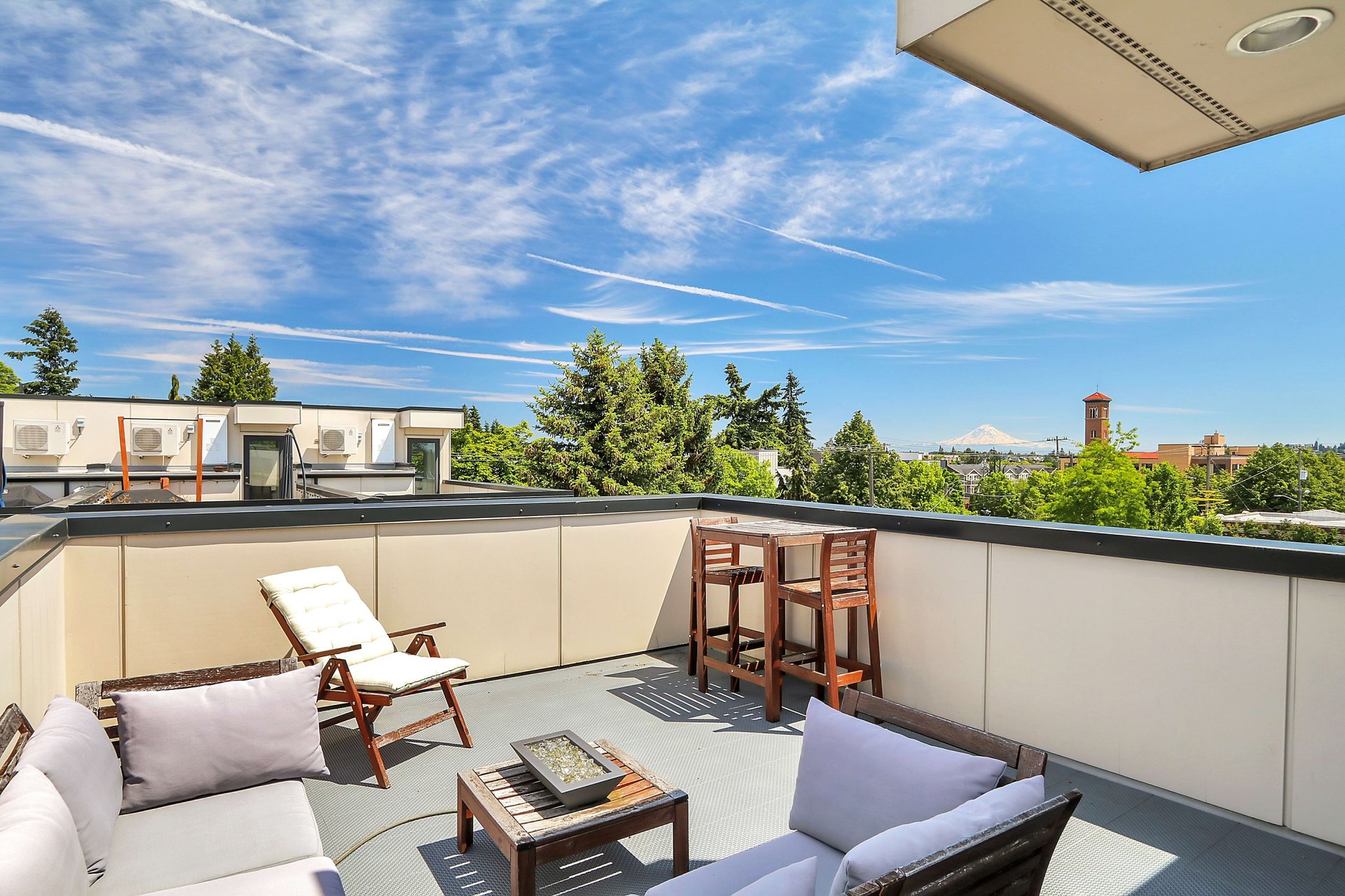 Rooftop deck with lounge seating and a distant snow-capped mountain view.